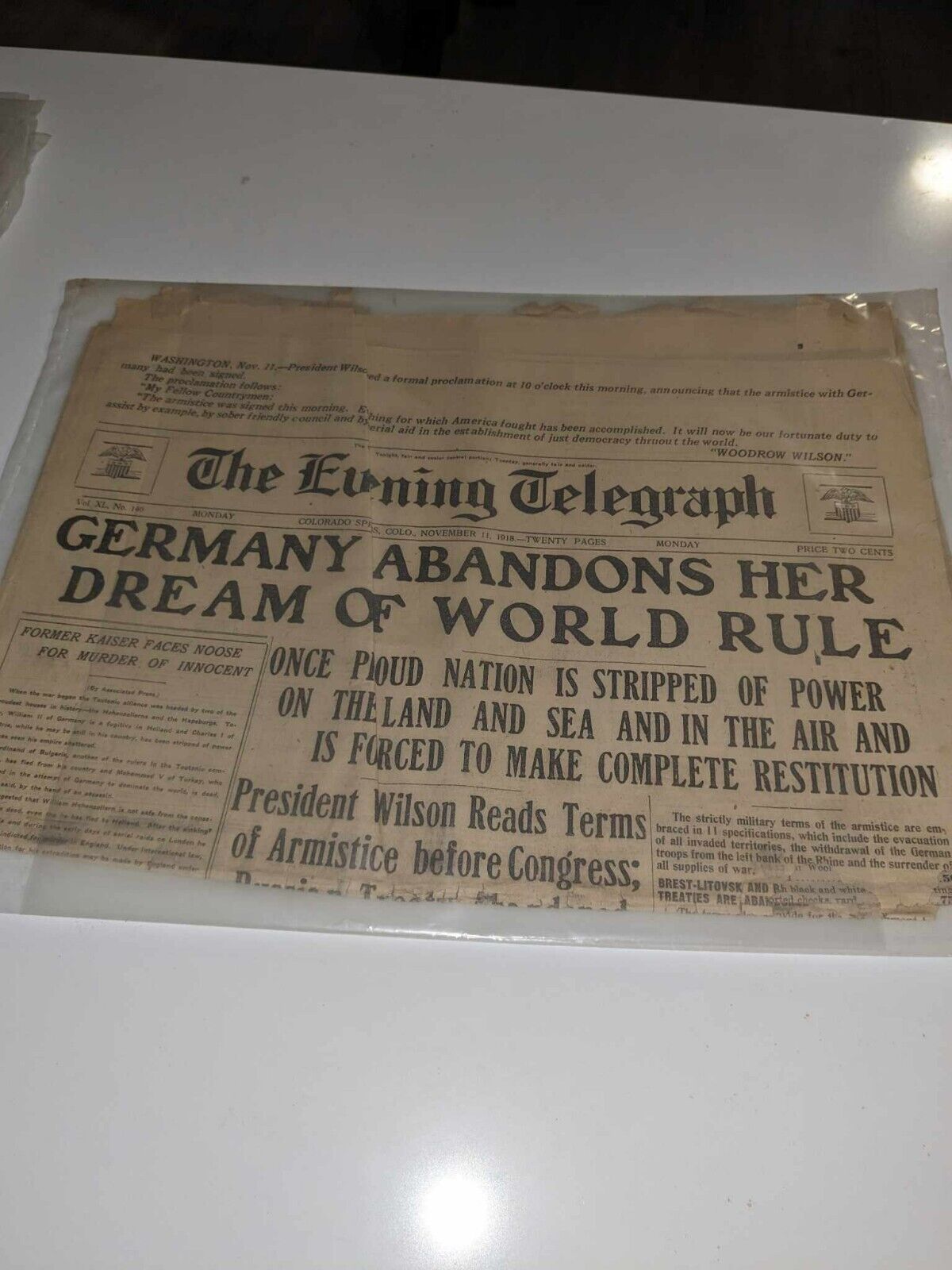 Old Newspaper: 11-11-1918 Germany abandons her Dream...