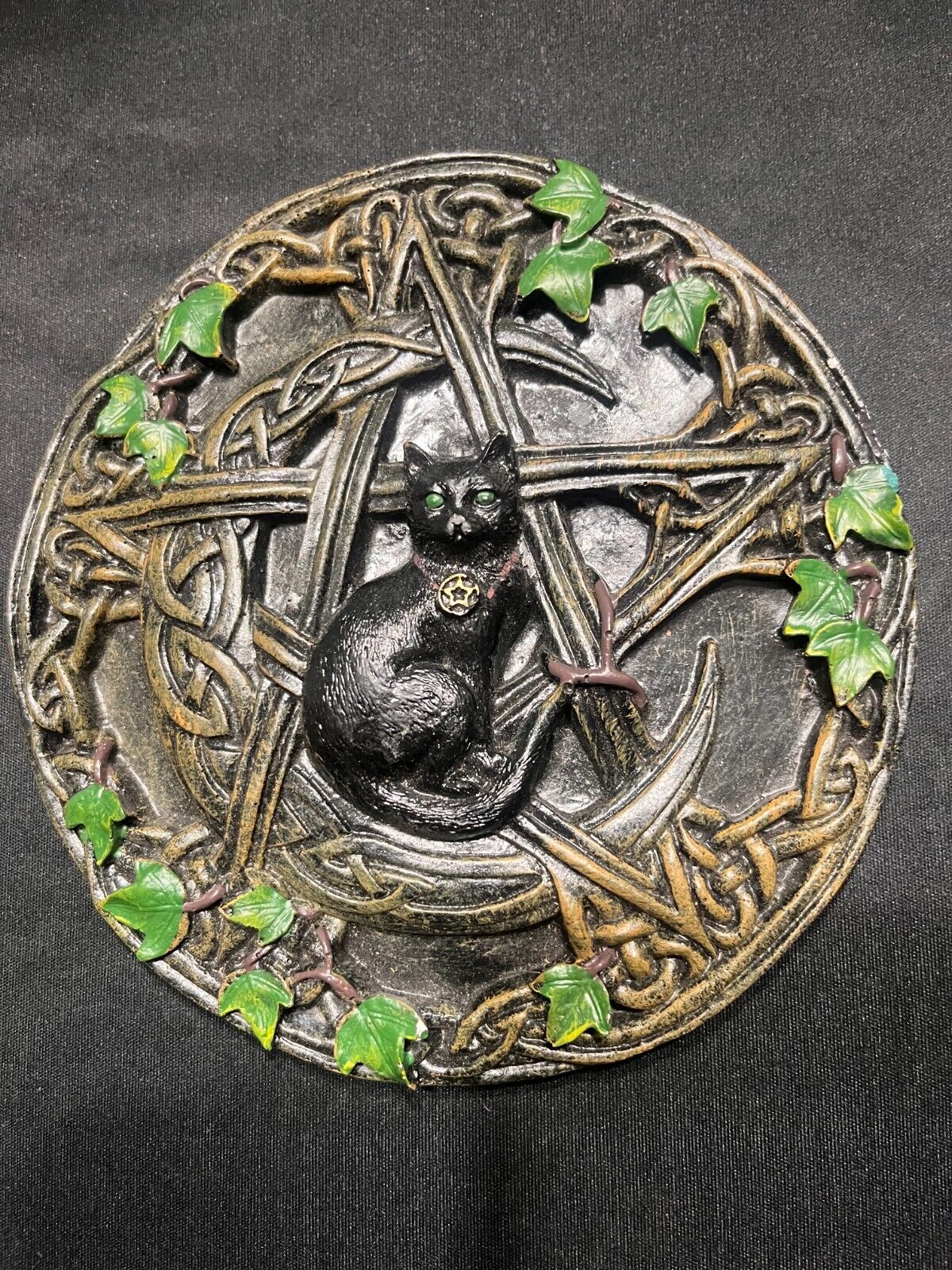 Black Cat Pentagram Pentacle Moon Celtic Knots Wall Plaque Wiccan Halloween 