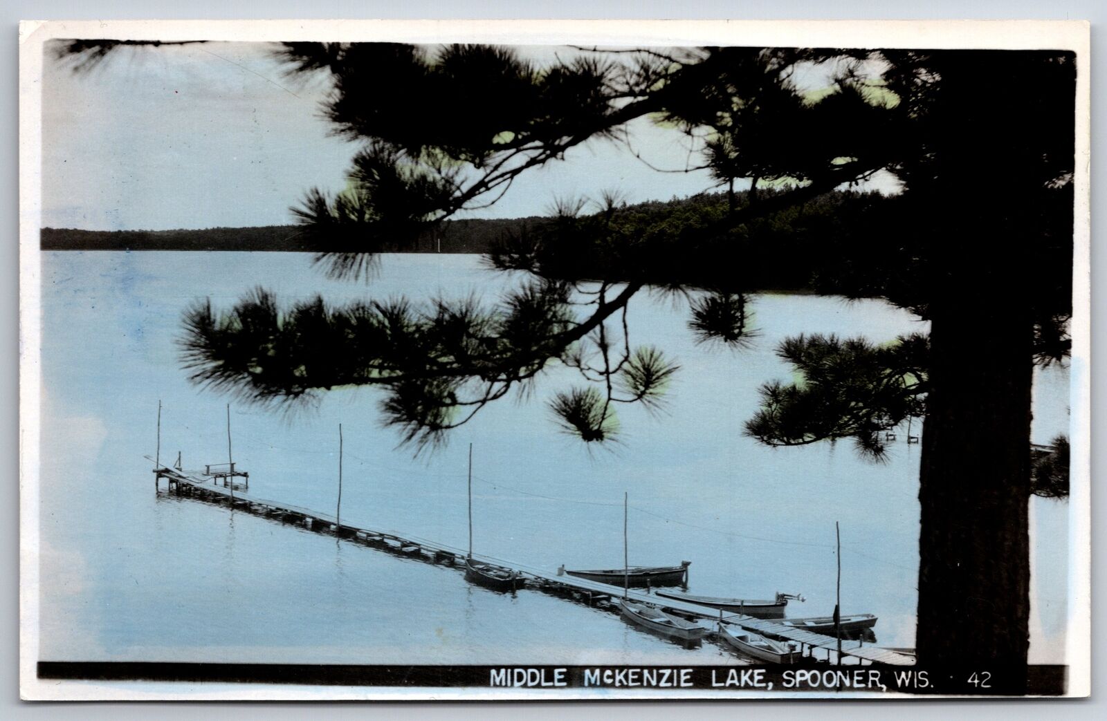 Spooner Wisconsin~Middle McKenzie Lake Birdseye View~Boat Dock~1950s RPPC