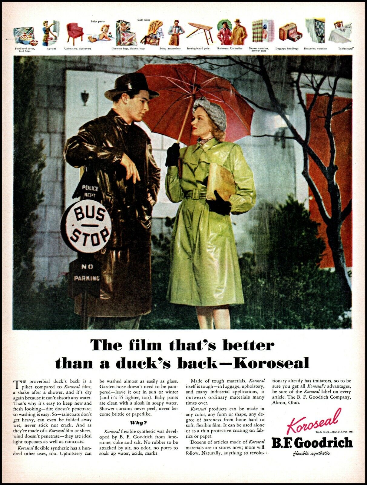 1947 B F Goodrich Koroseal Raincoats Man Woman vintage photo Print Ad adL59