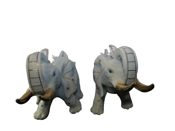 Vintage 1998 Jeweled White Porcelain Elephant Figurines Trunks Up Set Of 2