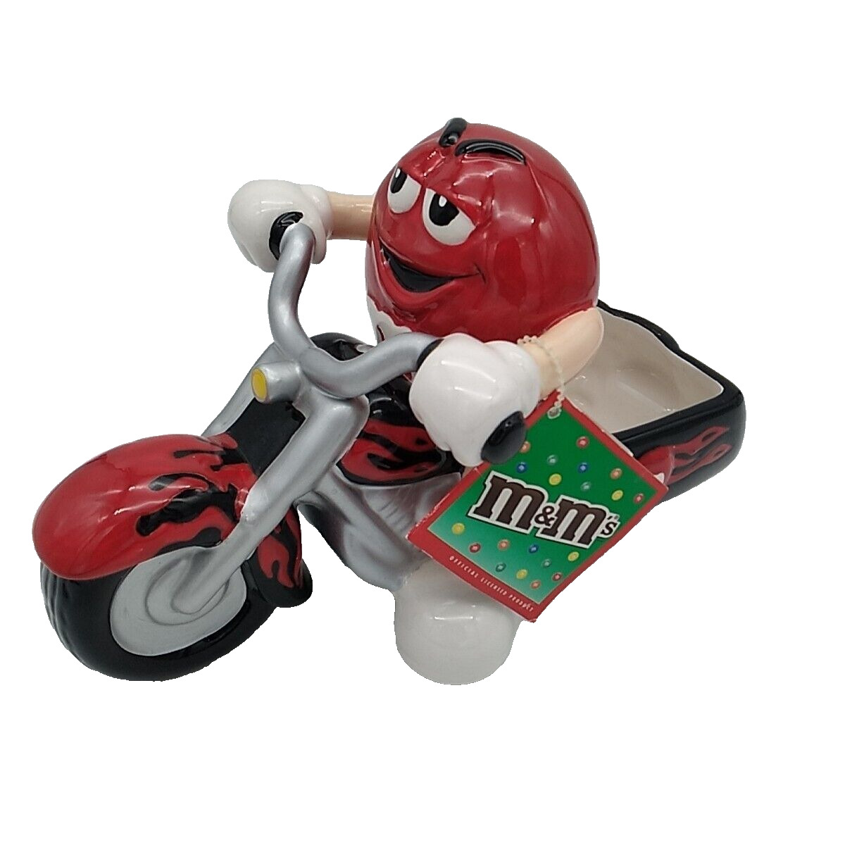 Red M&M On Black w/ Red Flames Motorcycle Ceramic Candy Dish w/ Tag - Galerie