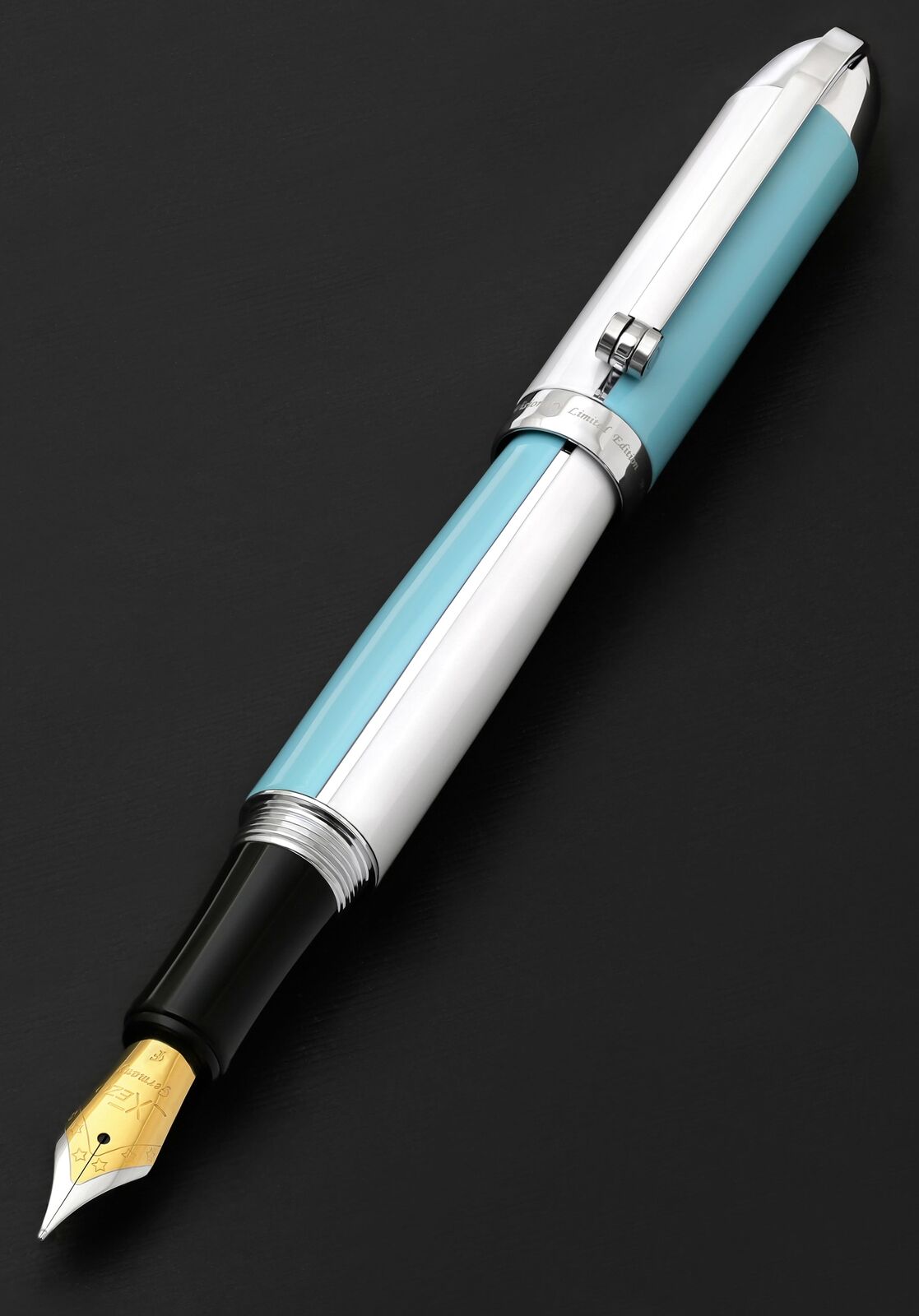 Xezo Visionary Fine Fountain Pen, Sky Blue & White. Chrome Plated. Handmade, LE