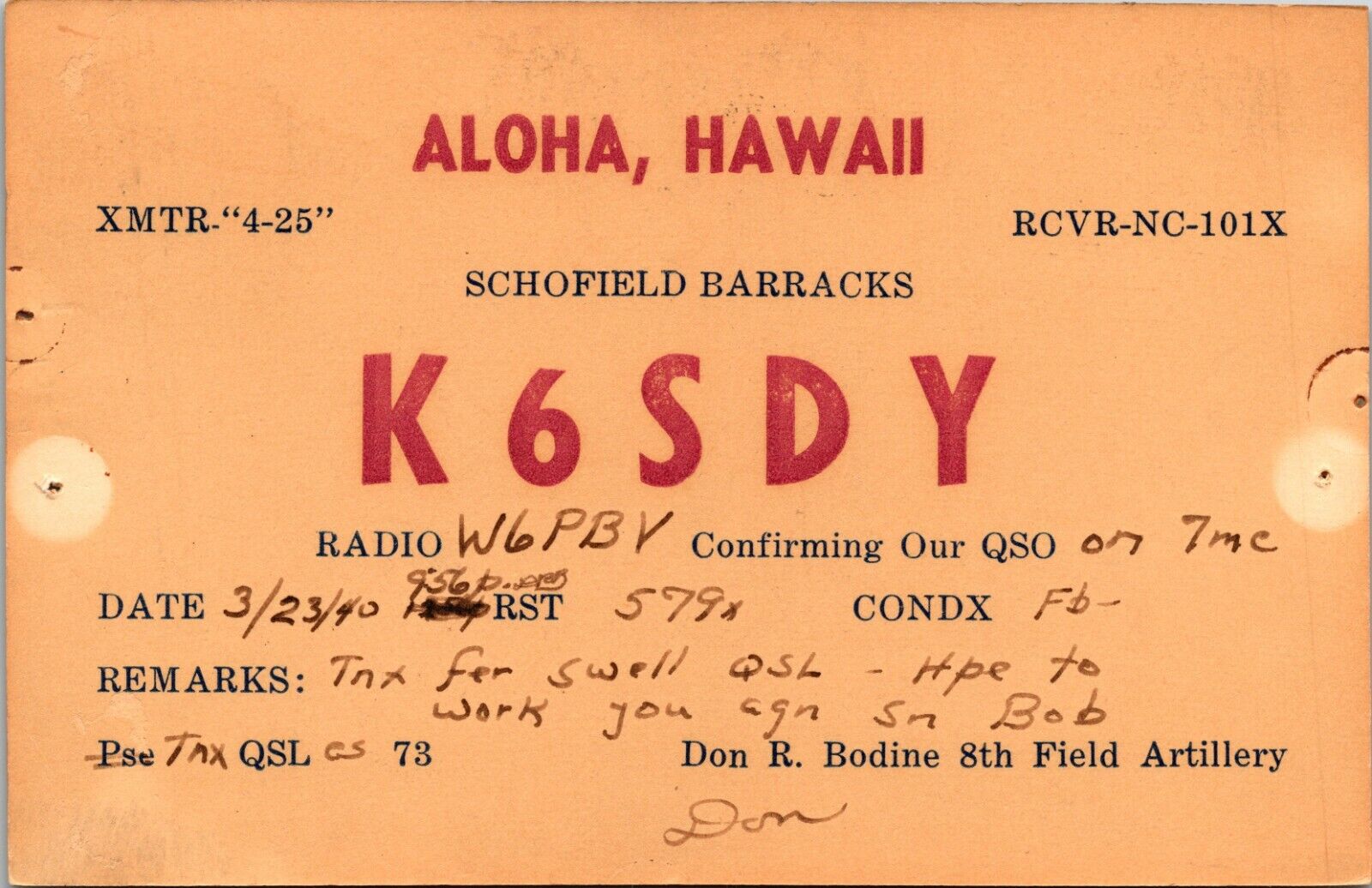 Vtg Ham Radio CB Amateur QSL QSO Card Postcard HI K6SDY SCHOFIELD BARRACKS 1940