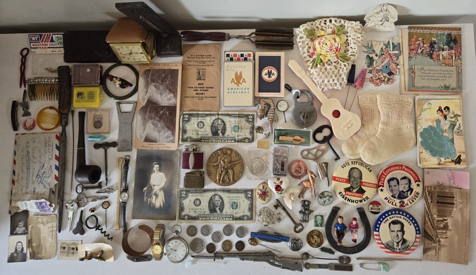 Vintage Junk Drawer Lot Of Rare Items, Lighters, Currency, Elgin Pocket Watch