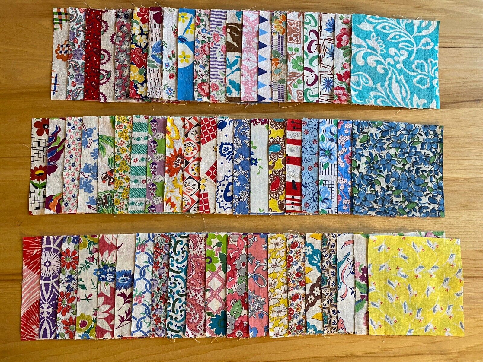 Vintage Feed Flour Sack Fabric Pieces Quilting Charms 5” x 5”. Set of 60 (#235)