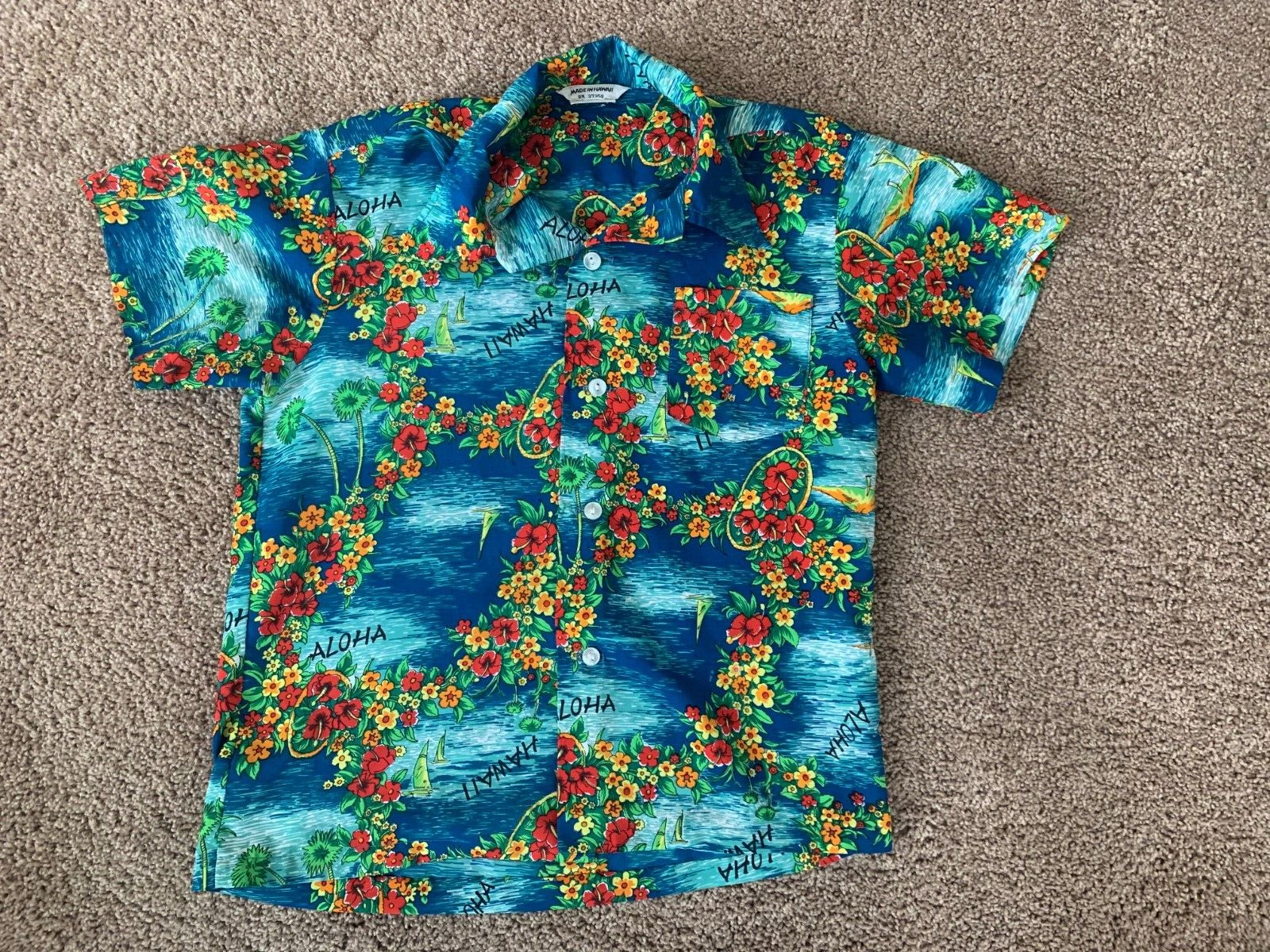 Vintage Hawaiian Aloha Shirt Boys Made In Hawaii Blue Floral 17\