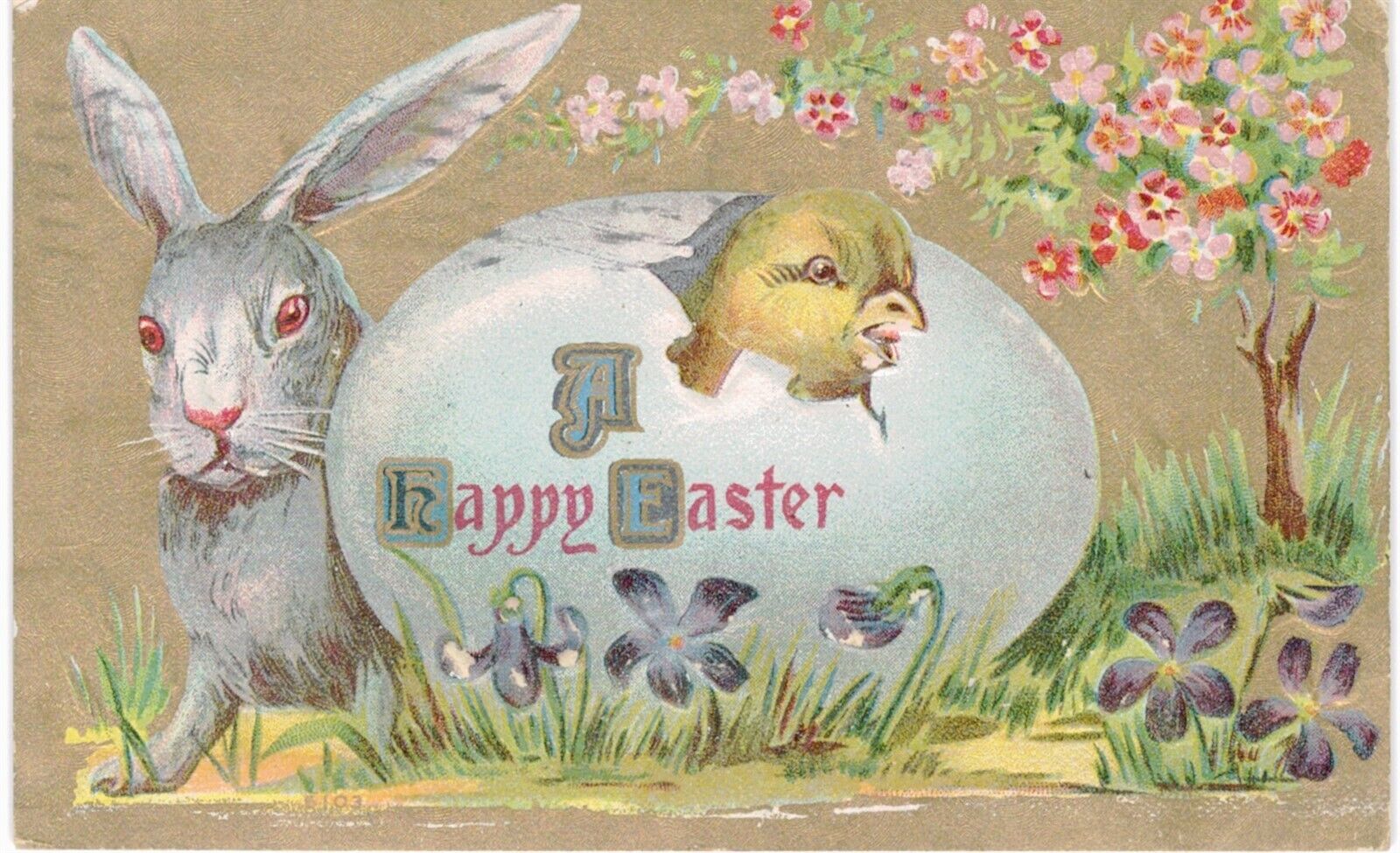 Easter Bunny Rabbit White Rabbit & Hatching Chick Gilded 1910 