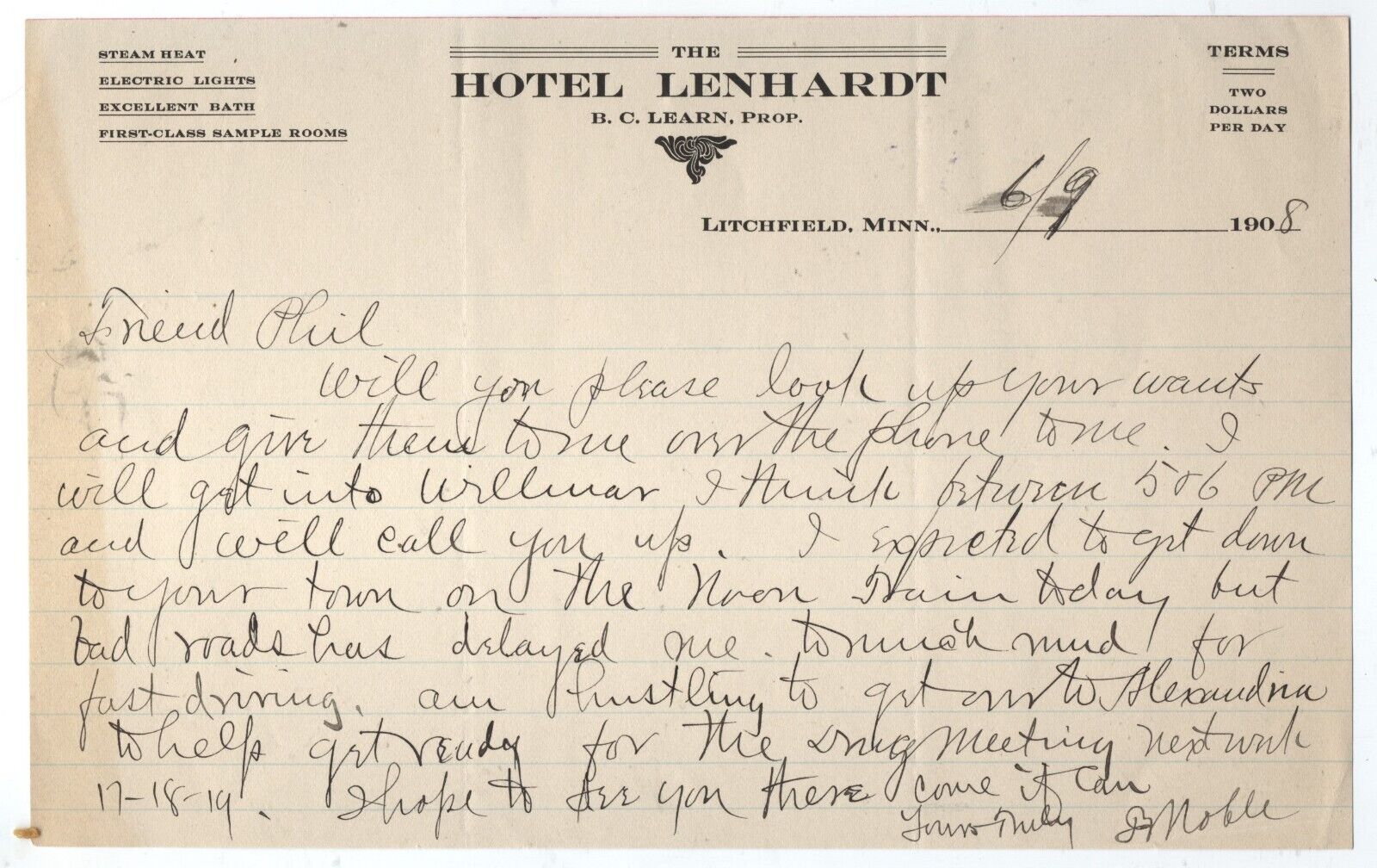 1908 LETTERHEAD LITCHFIELD MINNESOTA,  HOTEL LENHARDT