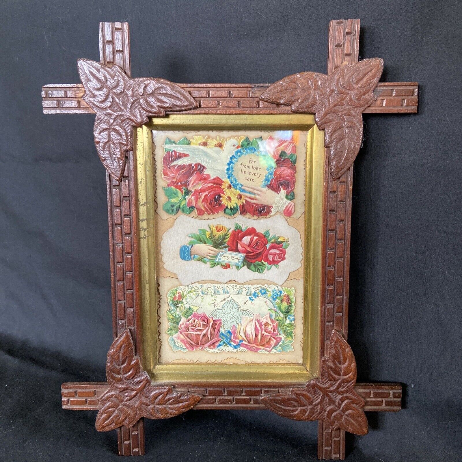 5”x7” Carved Wood Black Forest Leaf Corner Antique VALENTINES DAY CARD Frame