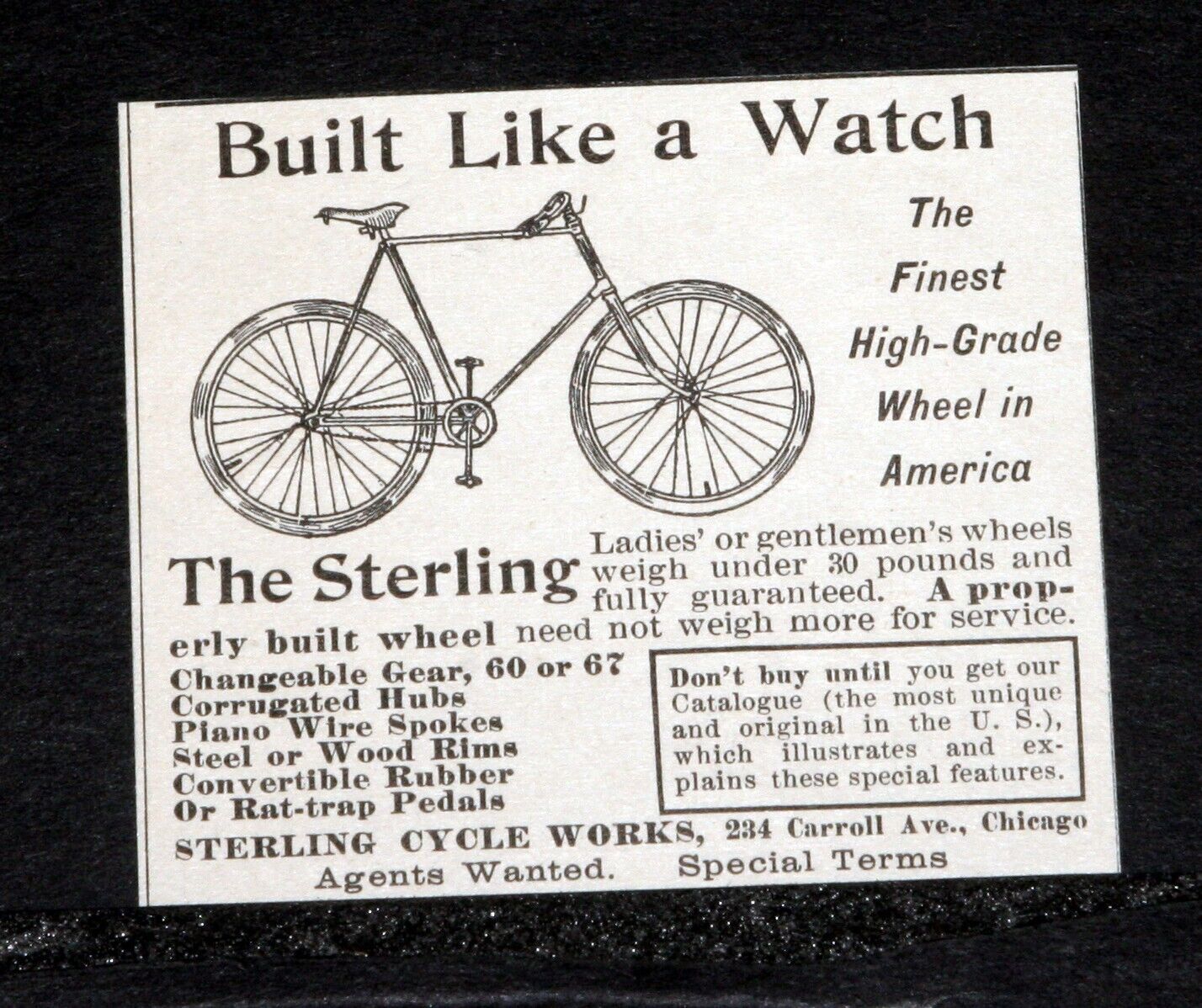 1894 OLD MAGAZINE PRINT AD, THE STERLING BICYCLE, IT\'S BUILT LIKE A WATCH