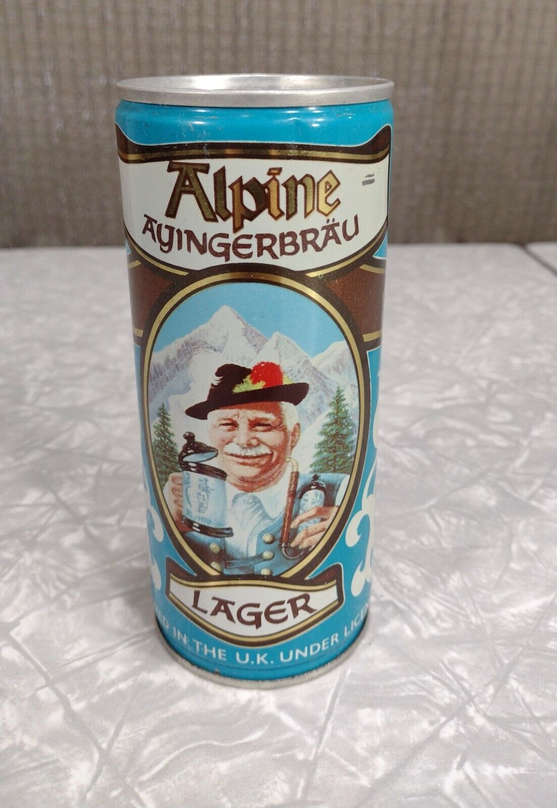 EMPTY Vtg Alpine Ayingerbrau steel 44cl tall boy Beer can Lager U.K. Pull Tab 