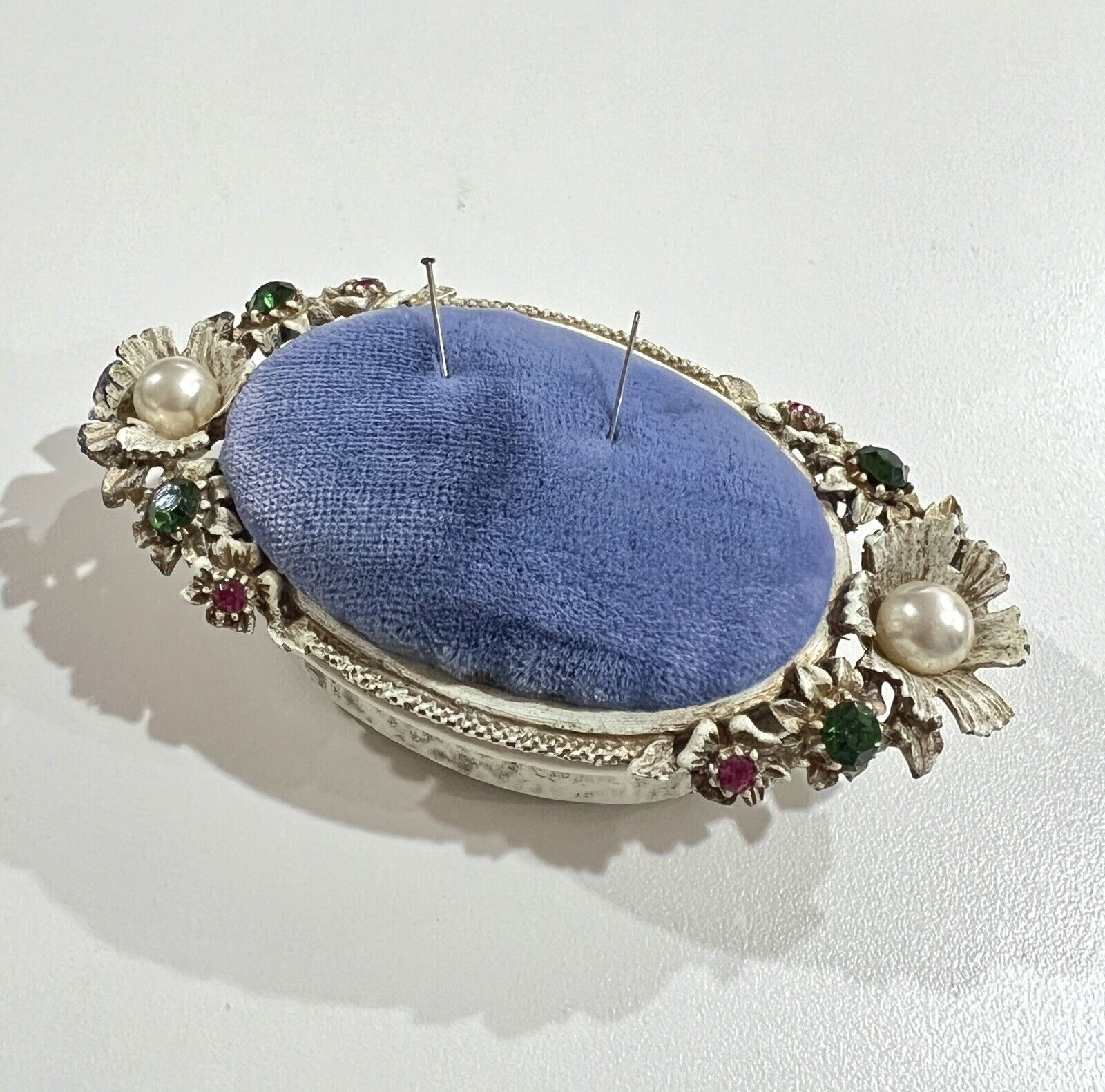Vintage Florenza Jeweled Trinket & Pin Cushion Box with Blue Velvet Top