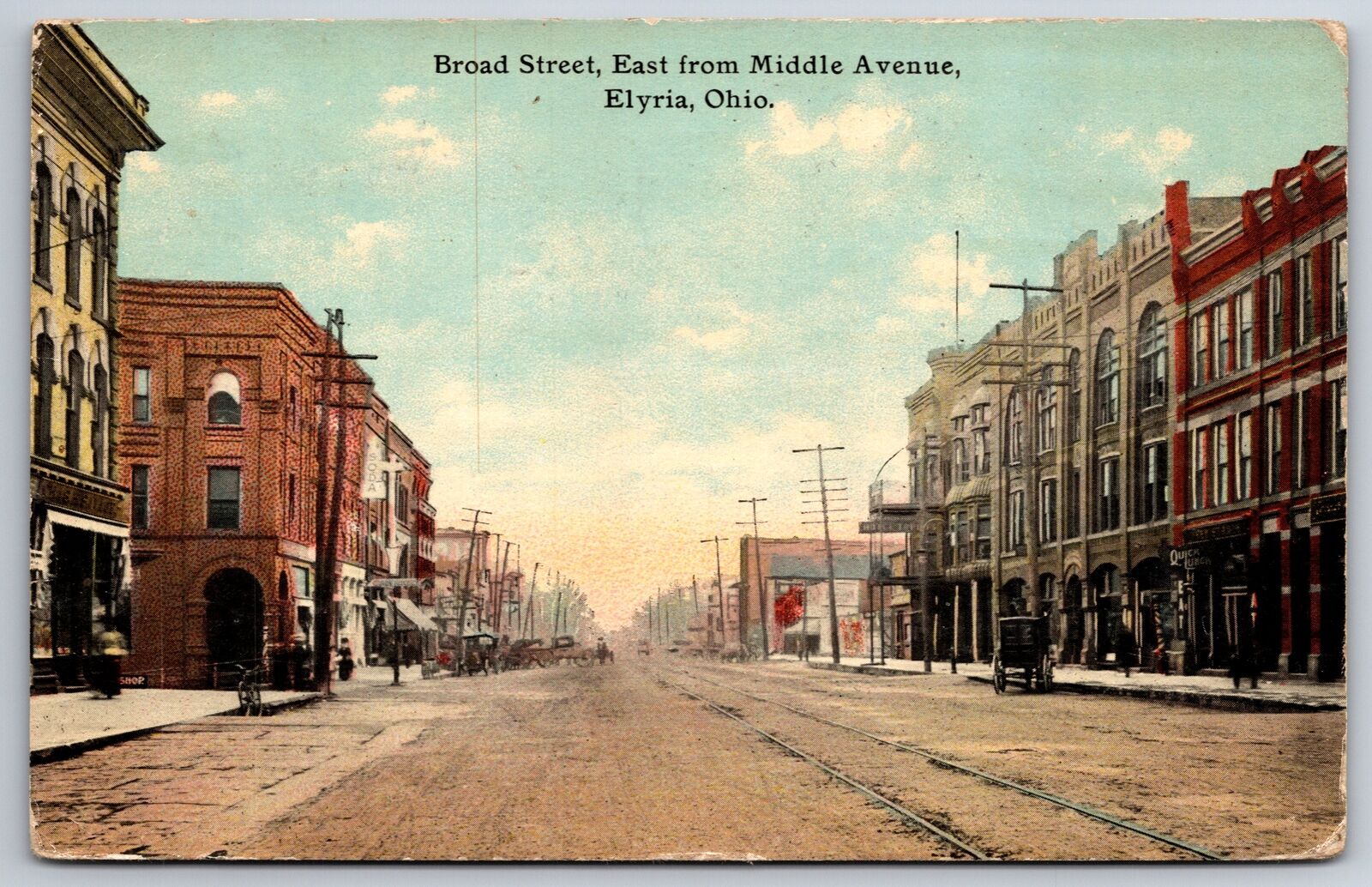 Elyria Ohio~Broad Street East From Middle Ave~Trolley Tracks~Barber Pole~1912 PC