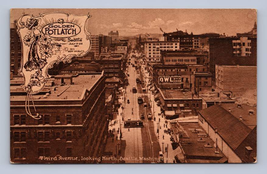 Third Ave ~ Antique Golden Potlatch SEATTLE Edward Mitchell Postcard 1911