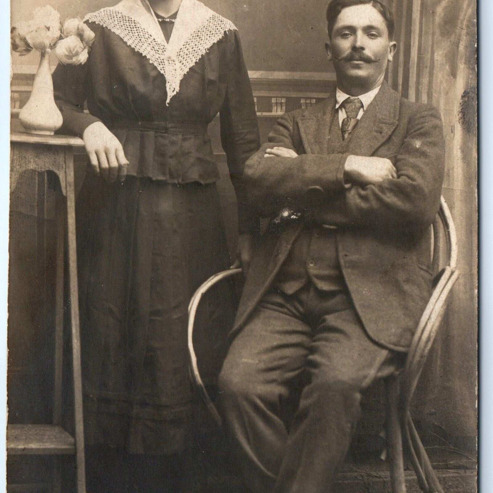 c1910s European Couple RPPC Handsome Mustache Man Smirk Real Photo Woman A173