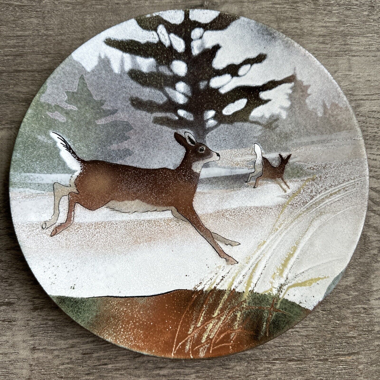 Rare Vintage Norman Brumm Deer Enamel Copper Plate 8 1/2” Signed, Collectible