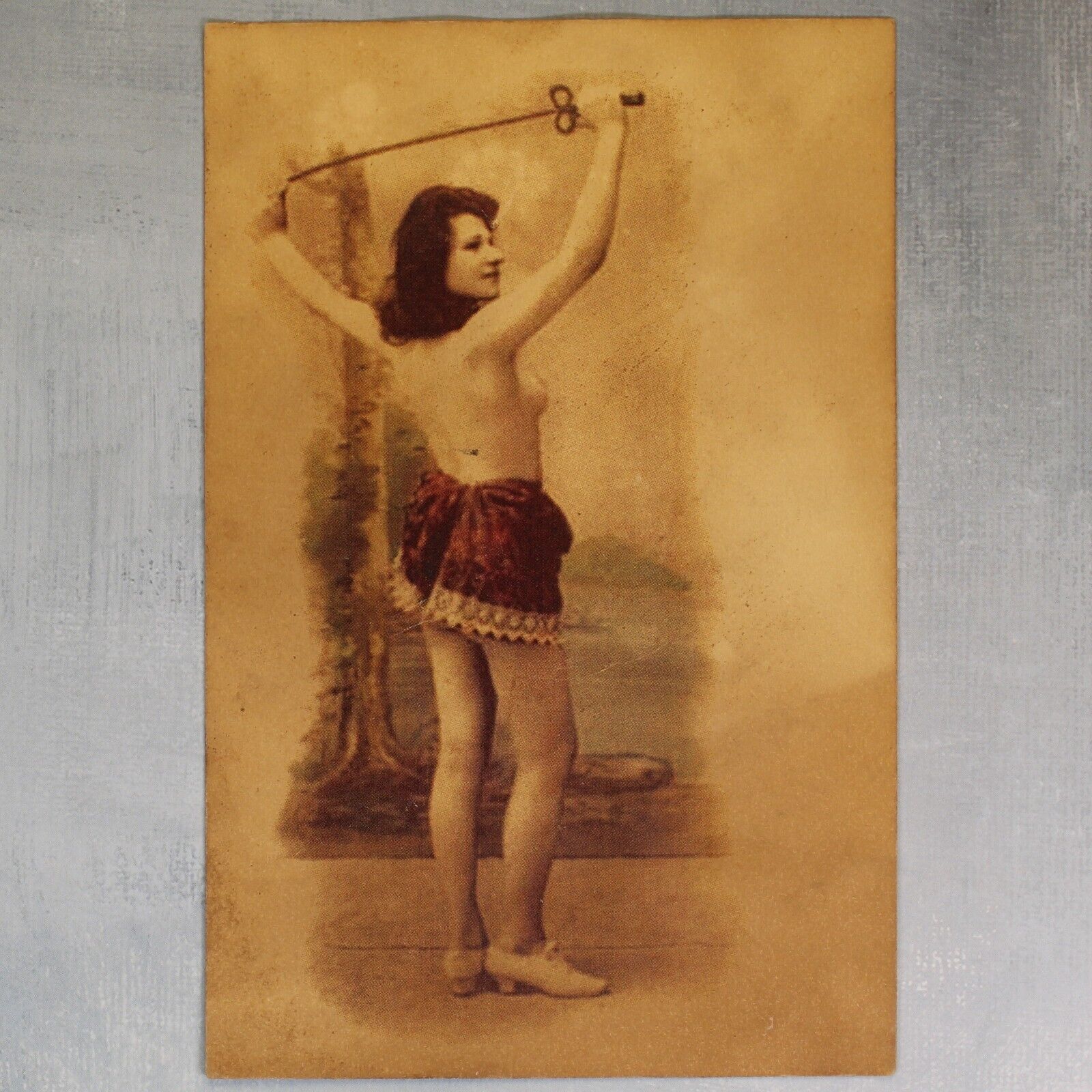 Semi nude woman fencer with sword. Mini skirt. Fencing. Antique postcard 1906s
