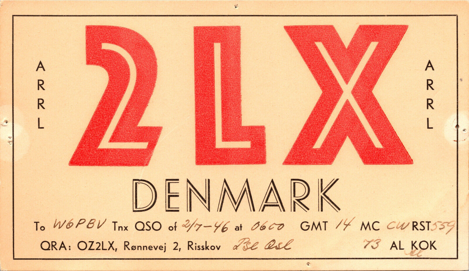 1946 2LX Risskov Denmark Ham Radio Amateur QSL QSO Card Postcard Vtg