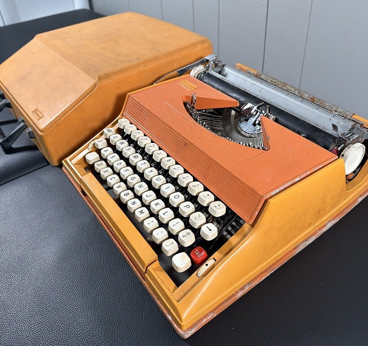 Vintage Sears Chevron Portable Typewriter Orange Litton 1970 Era Hard Case