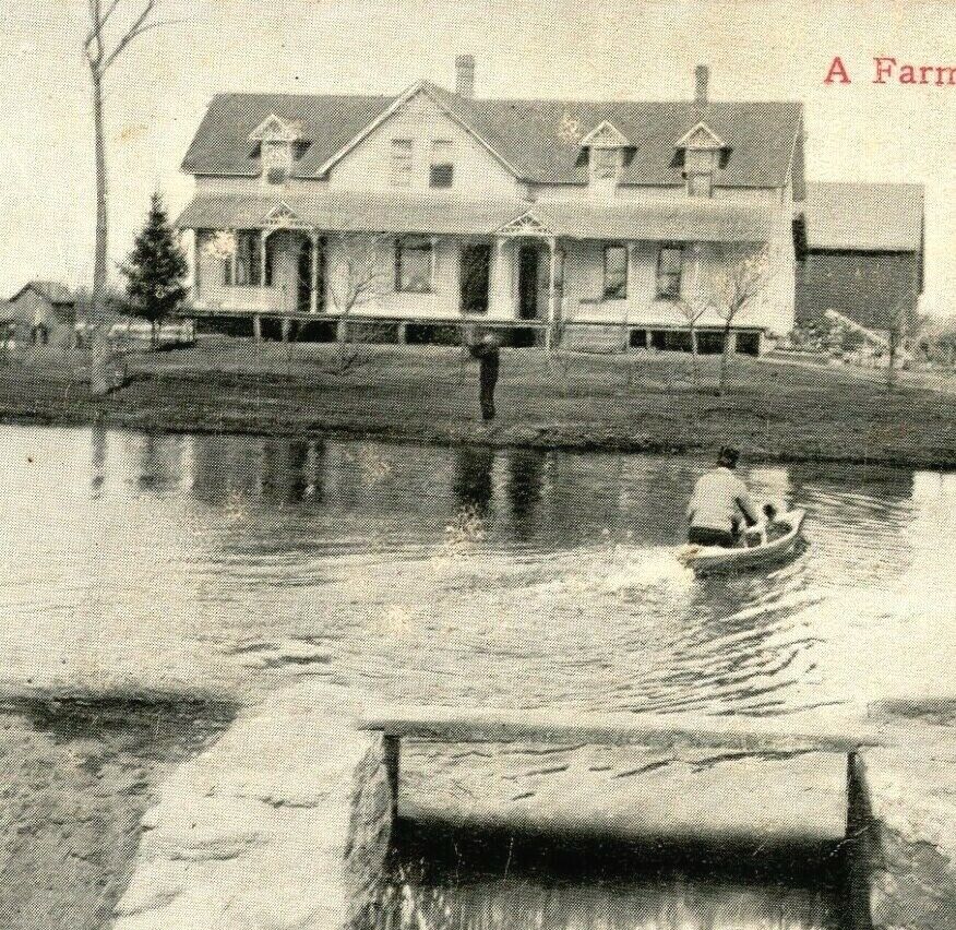 C.1910\'s Oconto County, WI Farm House. Early Motor Boat. Clothesline. VTG Card