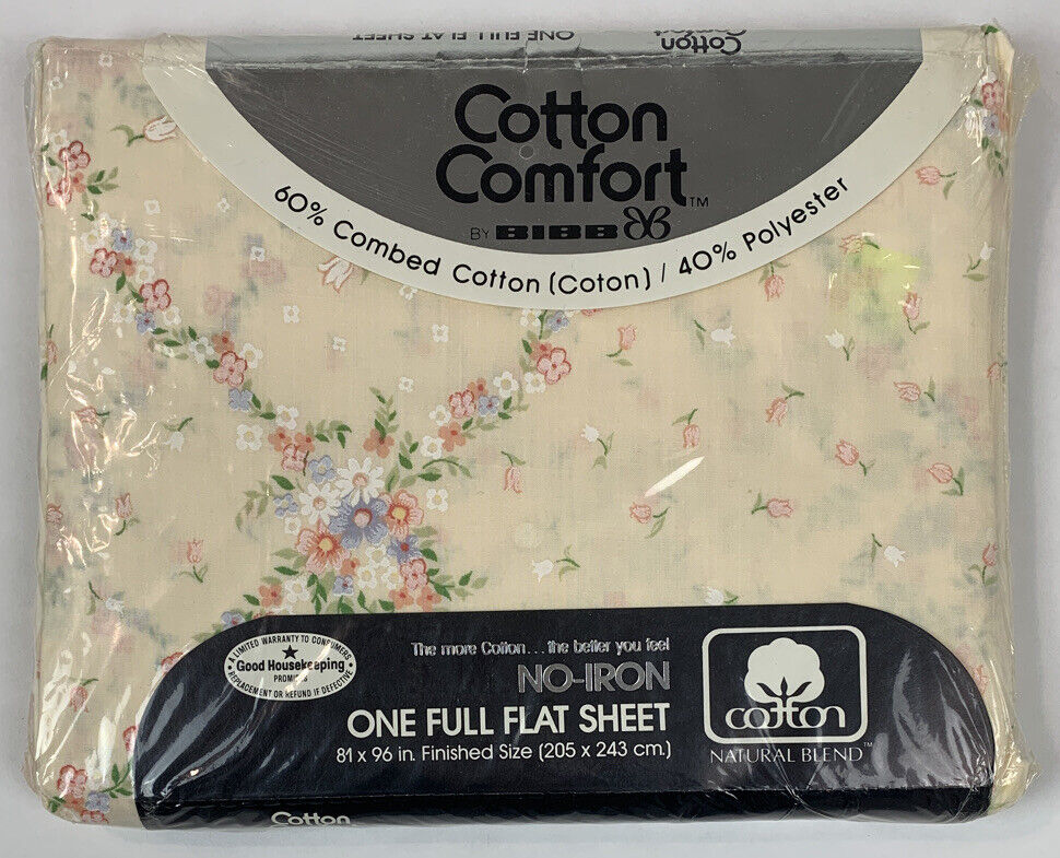 Vtg Bibb Cotton Comfort 1 FULL FLAT SHEET No Iron Floral 81 x 96 NOS USA