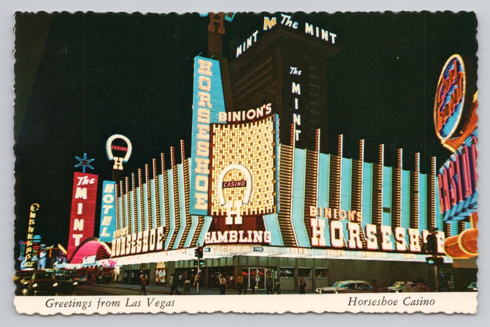 Greetings from Las Vegas Nevada Binion\'s Horseshoe Casino at Night 6x4 Postcard