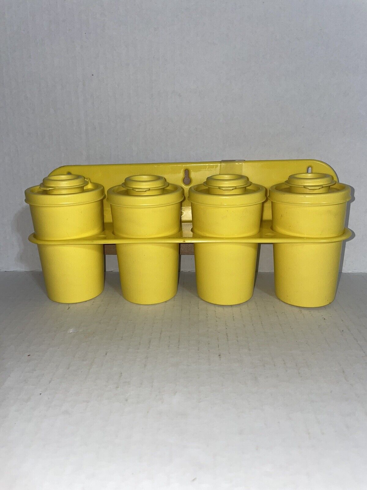Vintage Yellow Tupperware Salt Pepper Shakers Spices Set Of 4 With Hanging Rack
