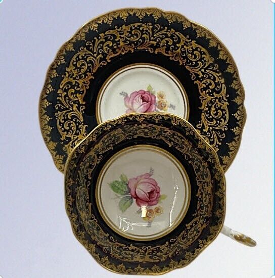 Vintage Paragon CUP & SAUCER By Appointment Double Warrant Gold on Black w Rose
