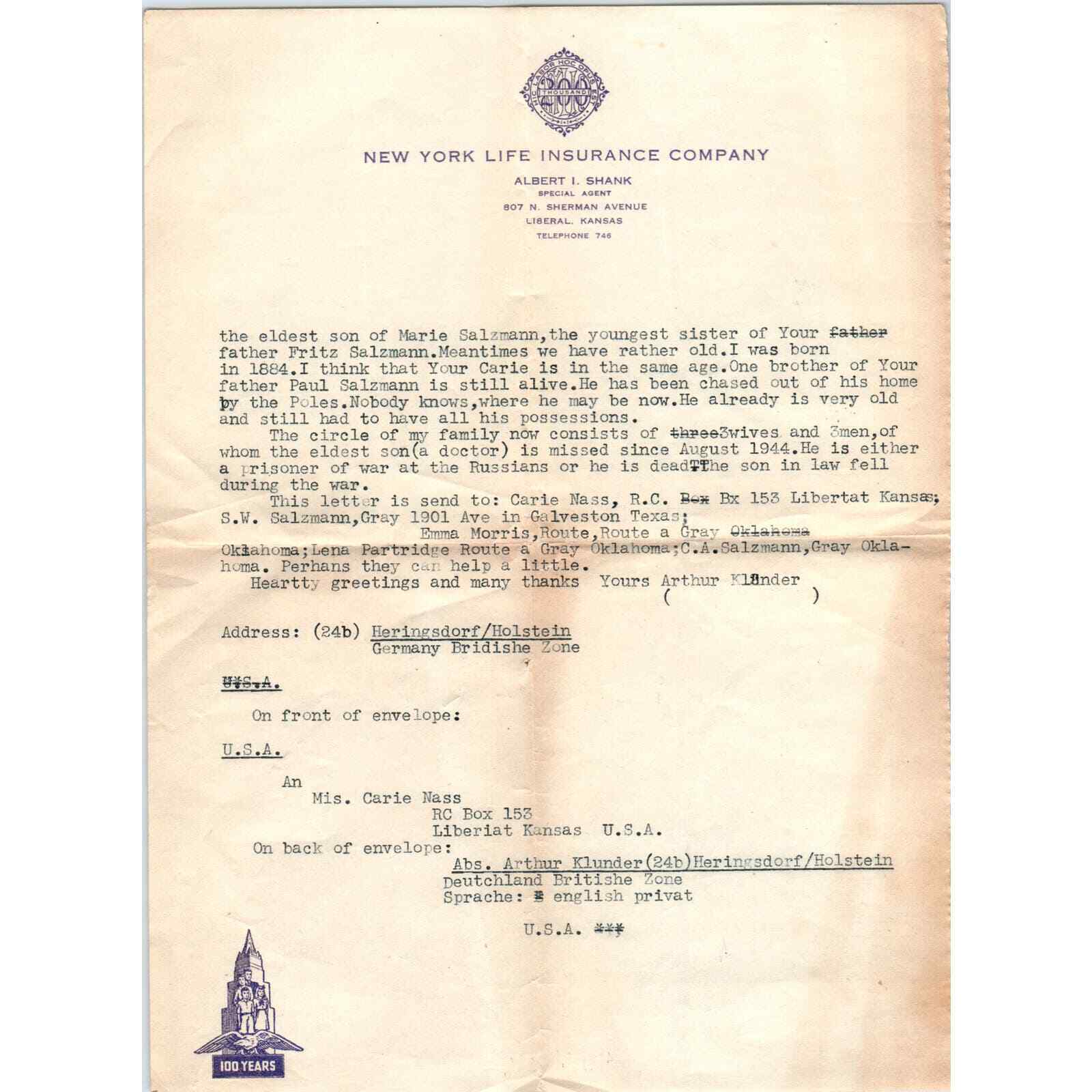 1940s New York Life Ins Letterhead Albert I. Shank Genealogy Liberal KS AF1-RR7