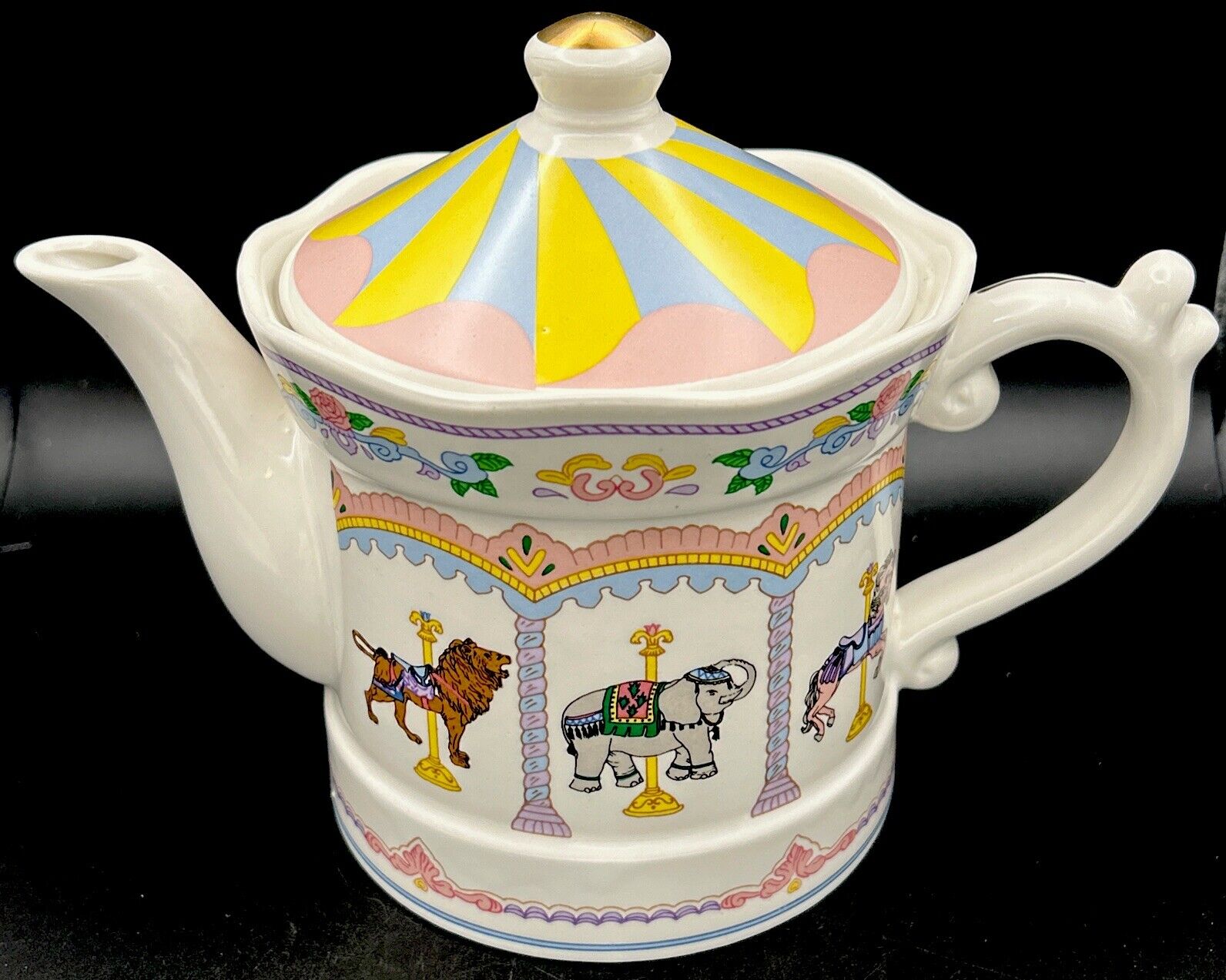 Vintage - J.S.N.Y. Decorative Carousel Tea Pot - Ceramic Porcelain Animals 5.5”.