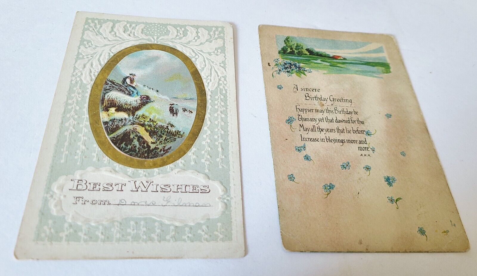 2 Antique Birthday Greetings POSTCARDS Best Wishes Scenic Sheep