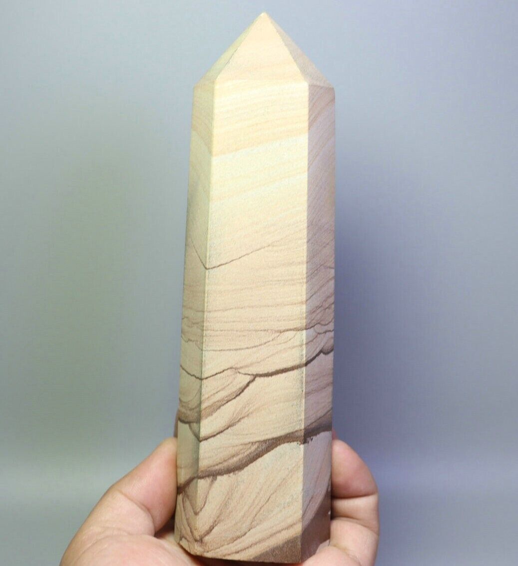 1.58lb Natural Polished Wood Grain Stone Quartz Crystal Tower Obelisk Wand Point