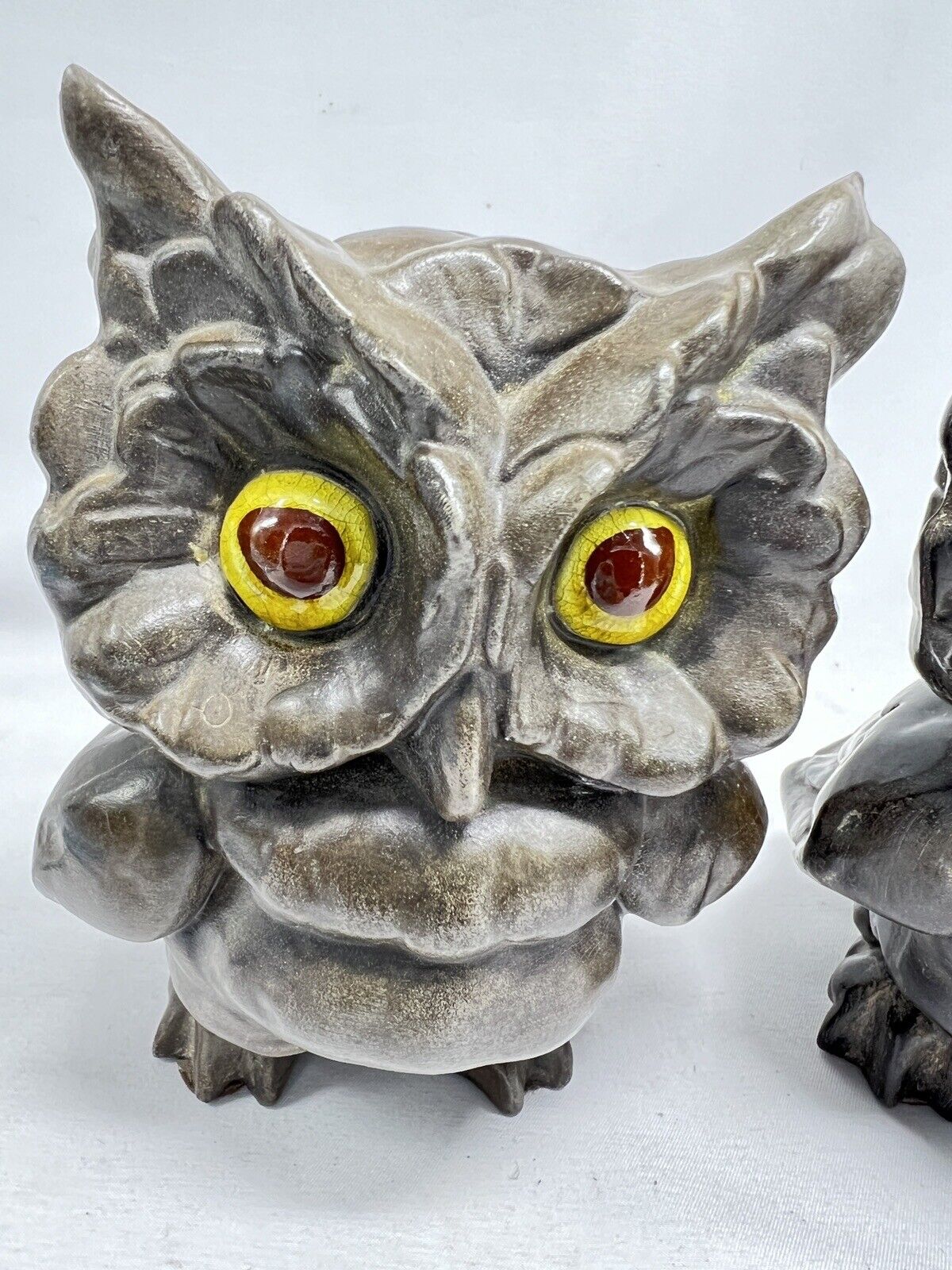 Matching Pair Freeman & McFarlin Pottery Ceramic Owls w/Tag Glass Eyes 1960 MCM