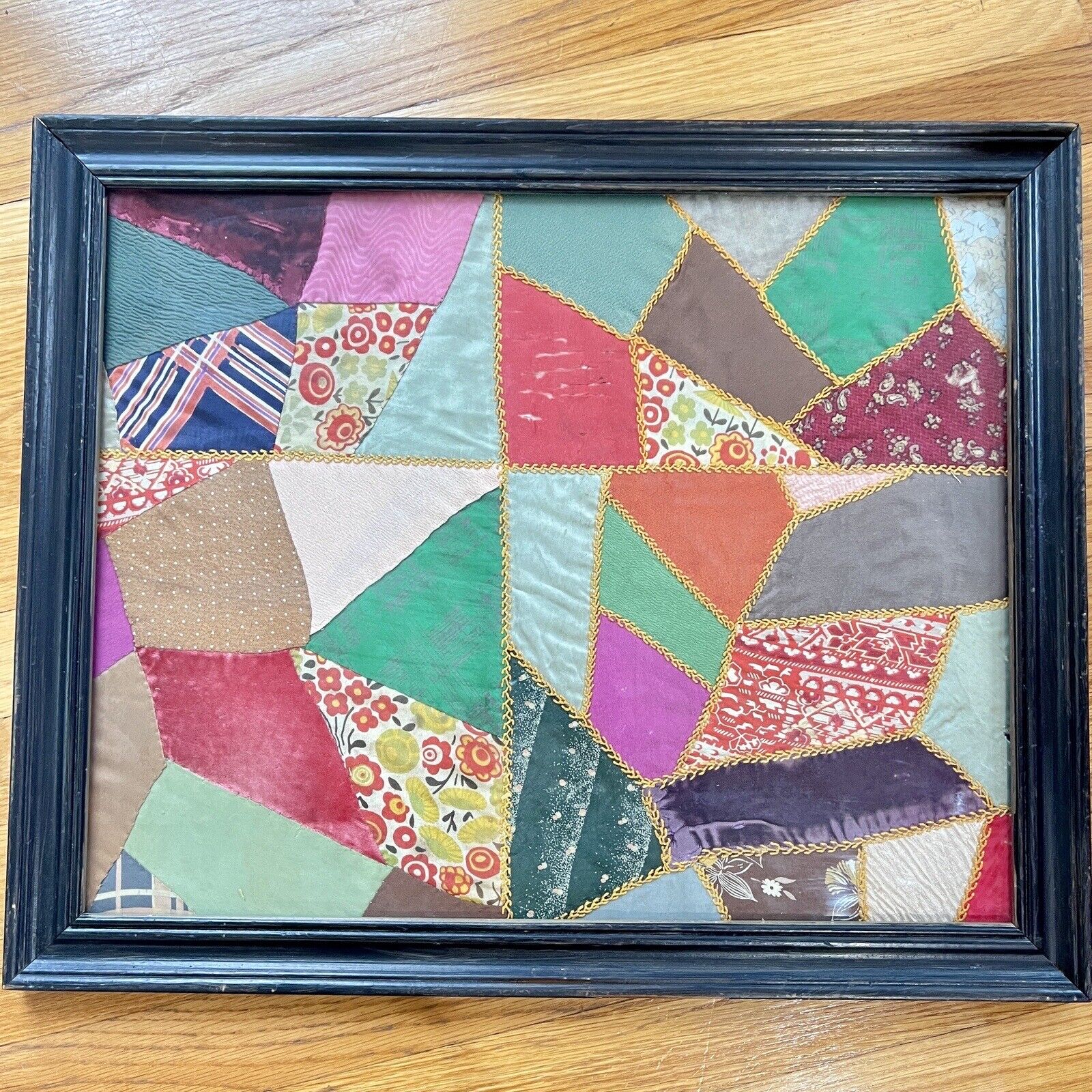 Antique Crazy Quilt Fragment Pieces Handmade Americana Framed 22\