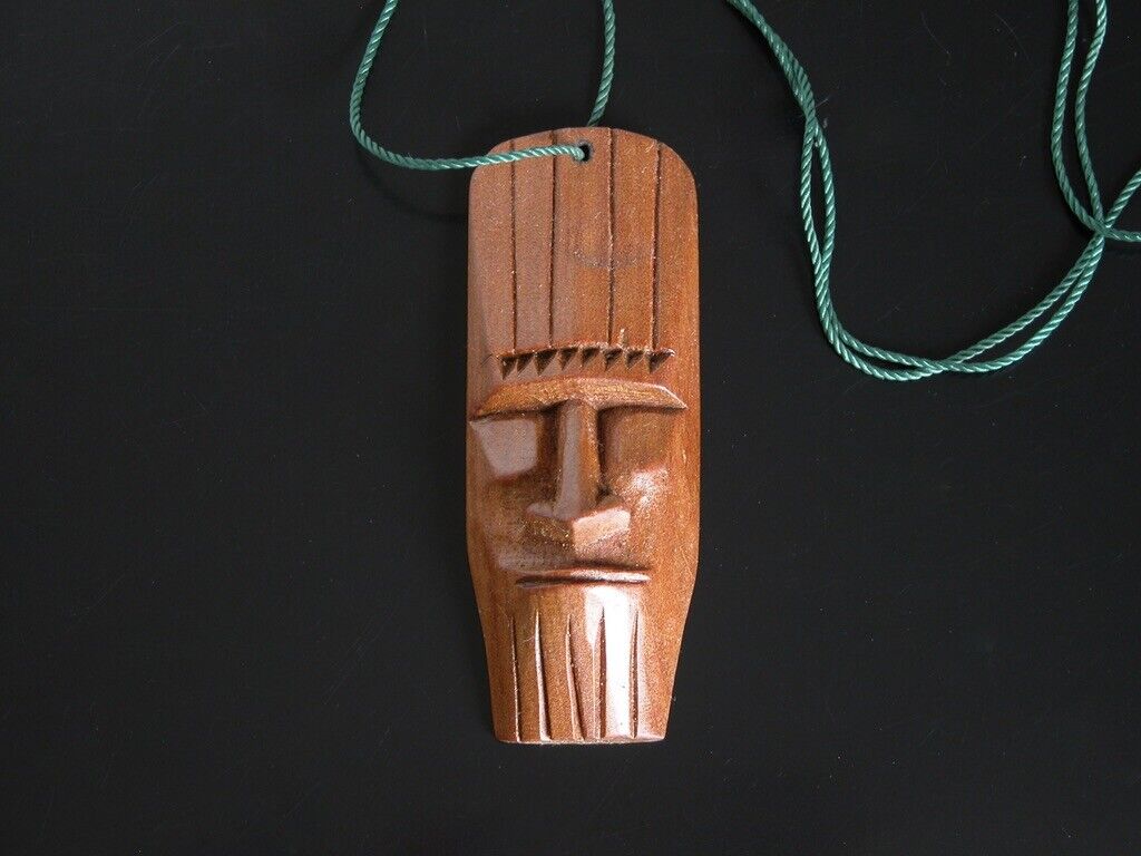 Rare Orig. Vtg 1960s 70s Teak Tiki Totem Pole Pendant Necklace Lucky Surfer Surf