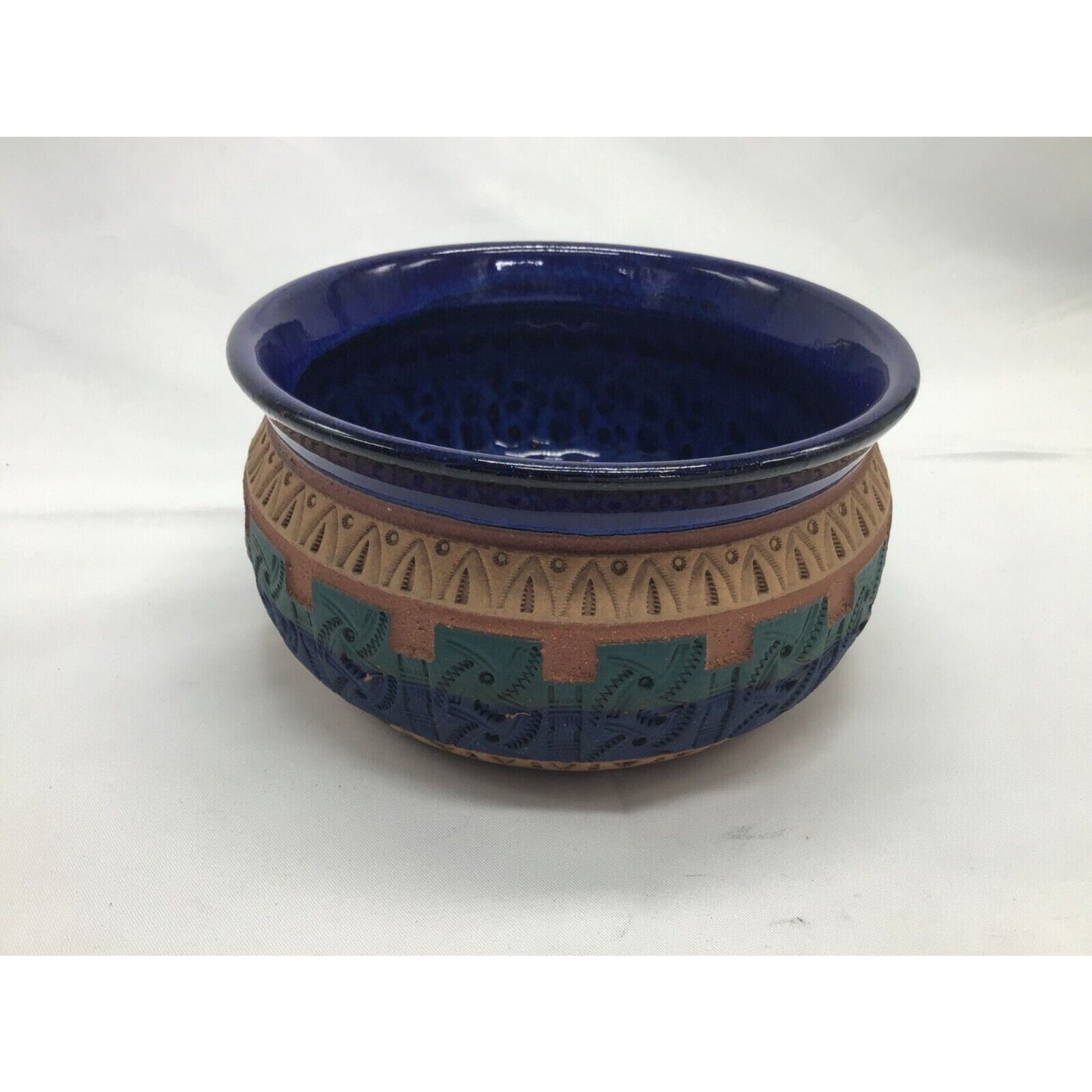 Handmade Art Pottery Southwestern Redware Green Blue Artist Signed 5.5 Inch