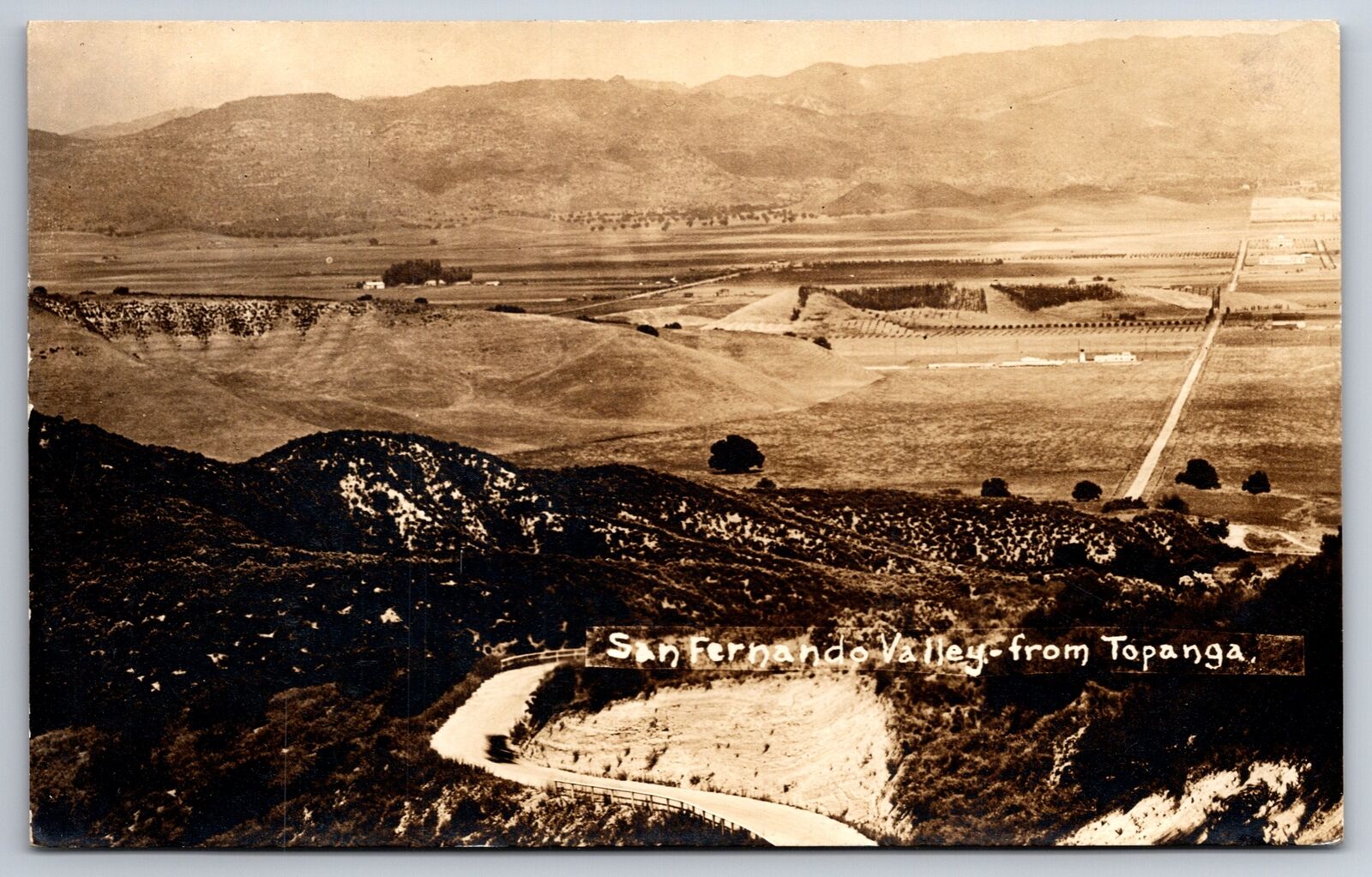 Topanga California~San Fernando Valley Panorama~Curvy Straight Highway~1920 RPPC