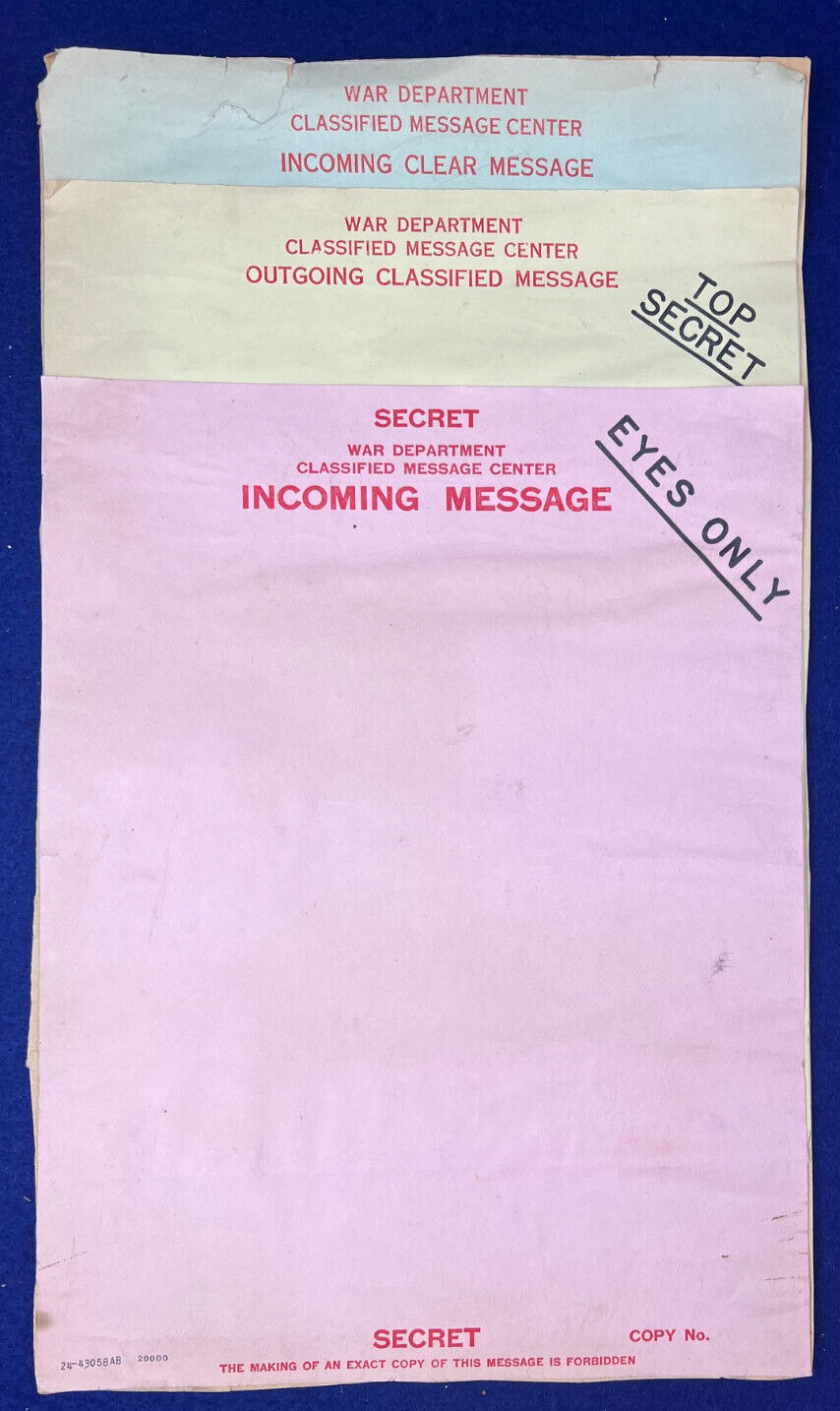 Original WWII Classified Top Secret Eyes Only Blank Message Form War Department