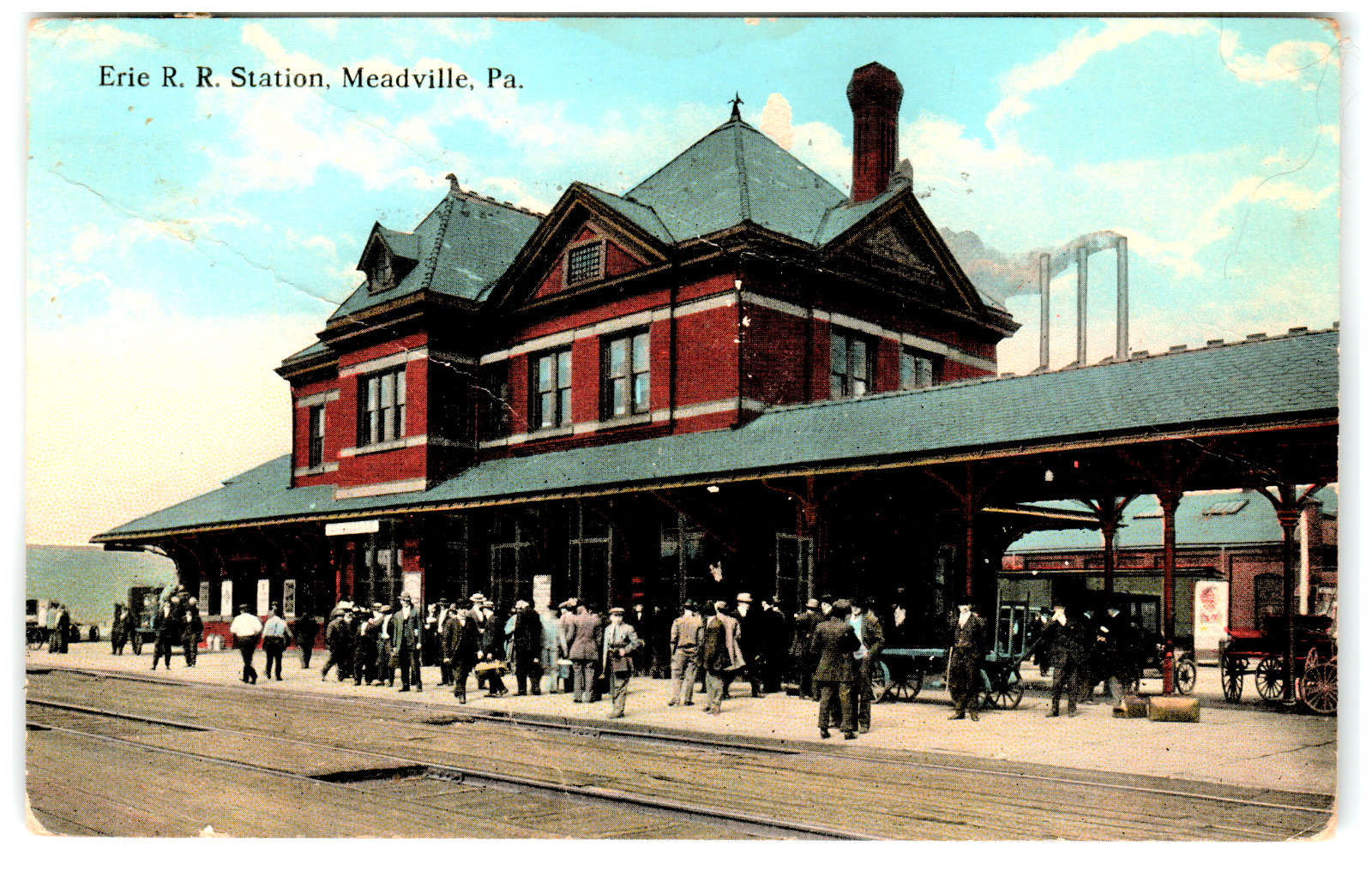 Postcard Erie Railroad Train Station Meadville, PA People Waiting for Train