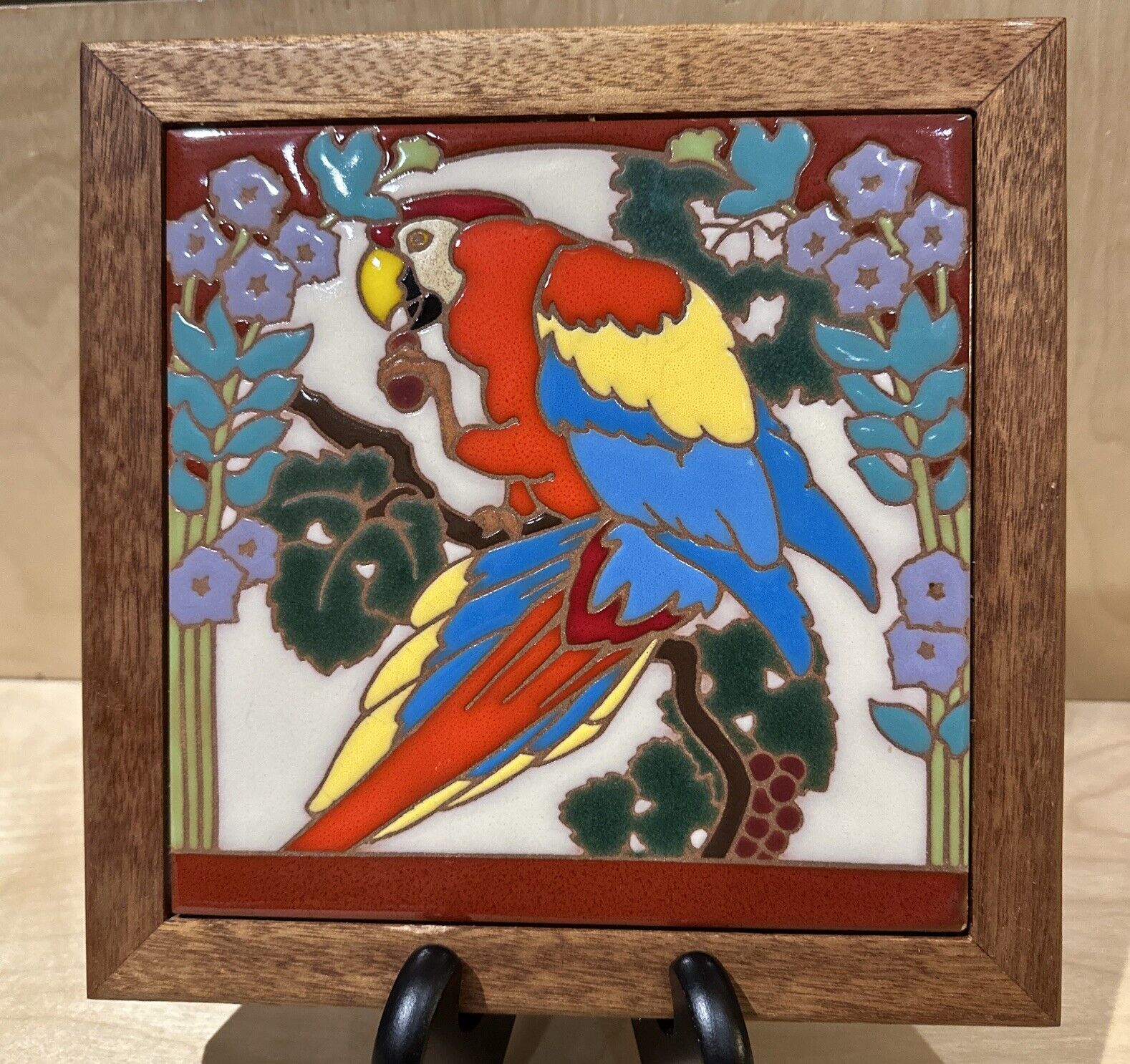 Vintage Arius Santa Fe Art Tile Parrot Sitting On Branch Wooden Frame  EUC