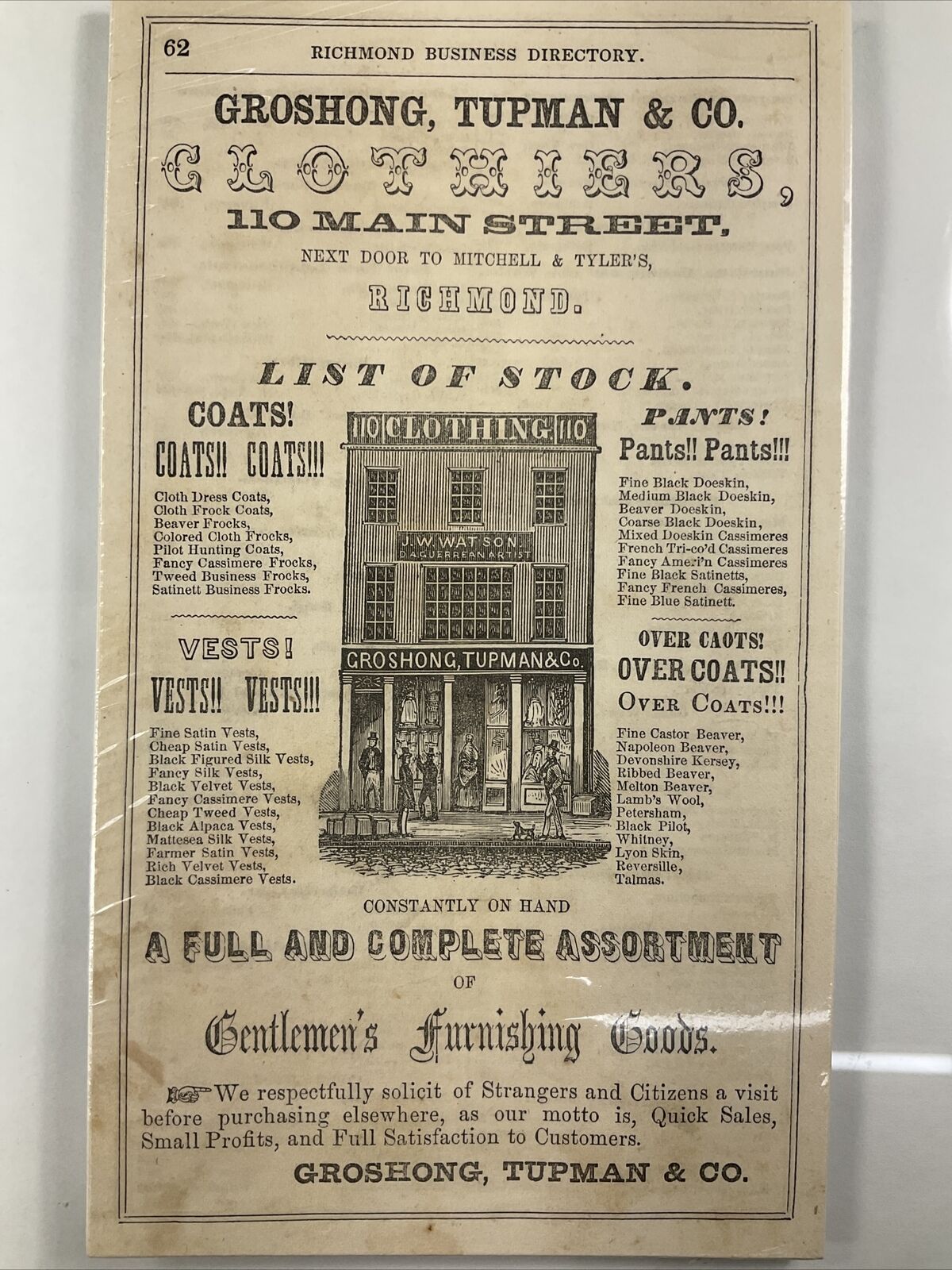 1855 Richmond, Virginia Groshong, Tupman & Co. Clothing Advertisement