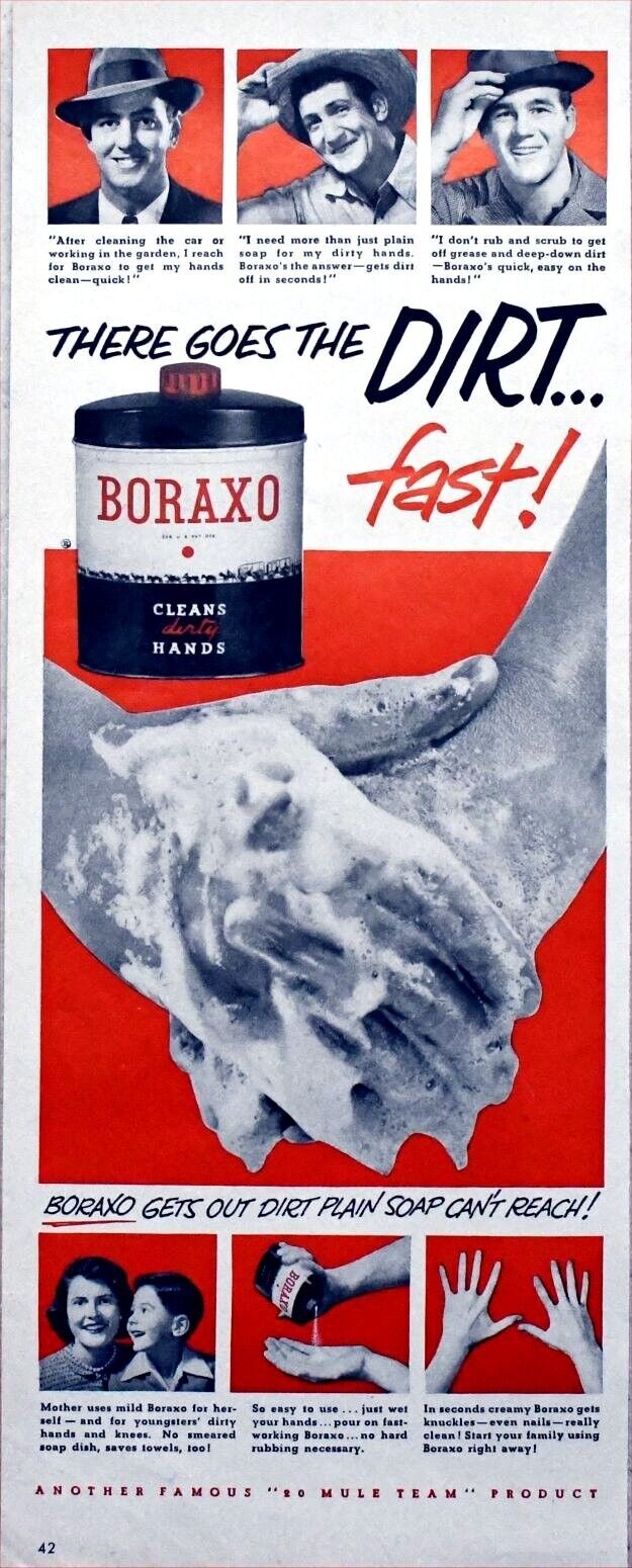 1952 Vintage Magazine Page Ad Boraxo for Dirty Hands