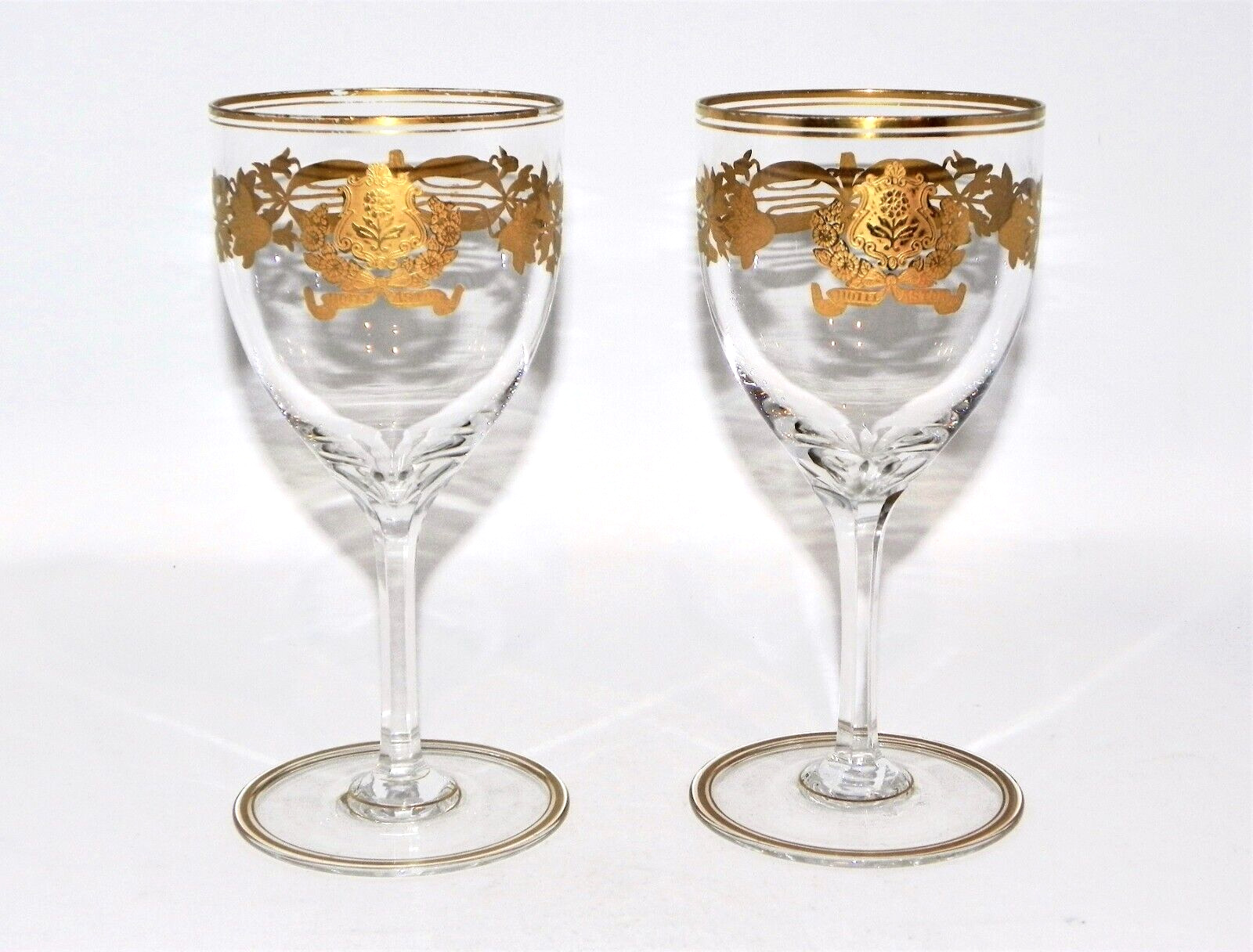 Pair of Rare HOTEL ASTOR Gold Etched Crystal Wine Glasses