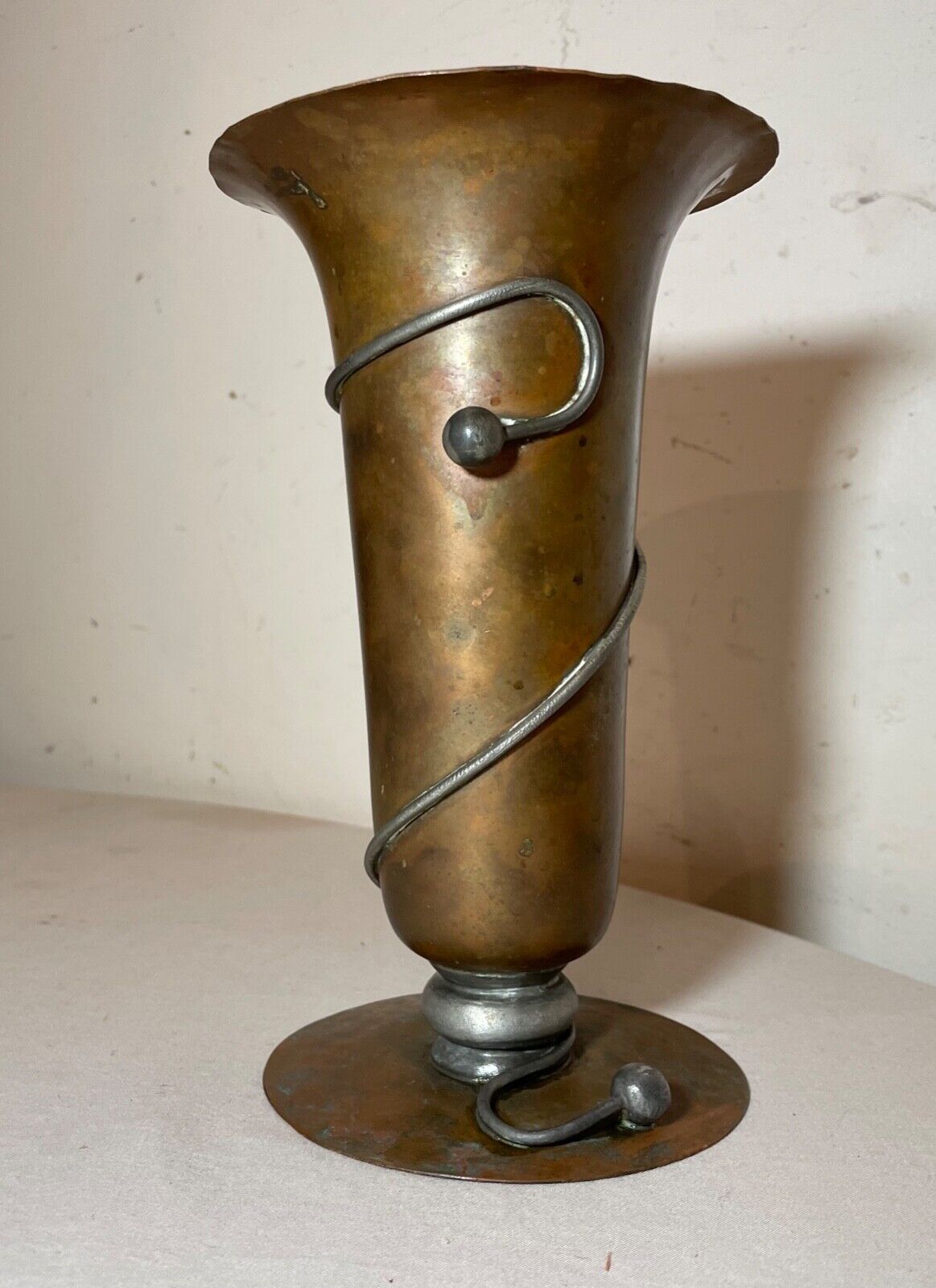 Antique Arts and Crafts hammered copper silver metal trumpet vase sculpture