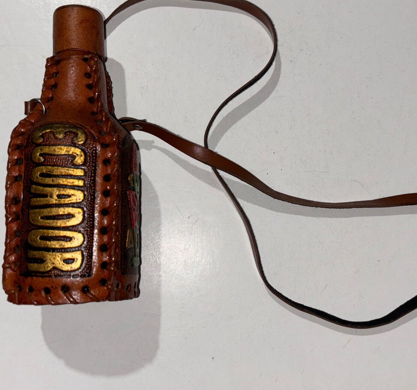 Hand Crafted Leather Wrapped Bottle With Strap Ecuador 12 Ounces
