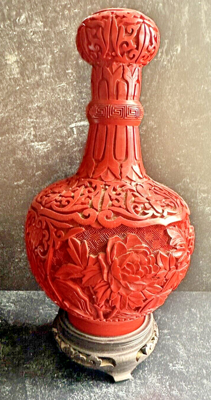 Vintage Chinese Cinnabar Vase Hand Carved Peony Flower Floral Artwork China 9\