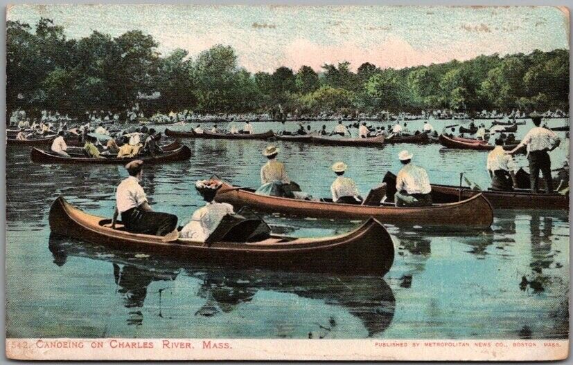 c1900s BOSTON Massachusetts Postcard CHARLES RIVER Canoeing / Boating Scene