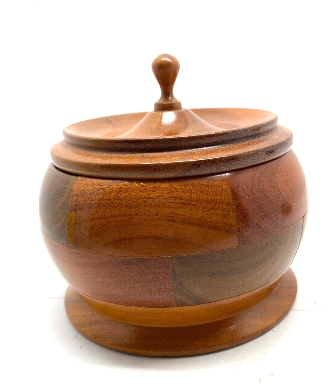 Vtg Hand Turned Wood inlaid Trinket spice kitchen salt sugar bowl Box With Lid