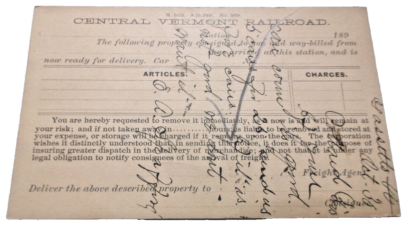1895 CENTRAL VERMONT RAILWAY ESSEX JUNCTION & BOSTON #15 RPO HANDLED POST CARD